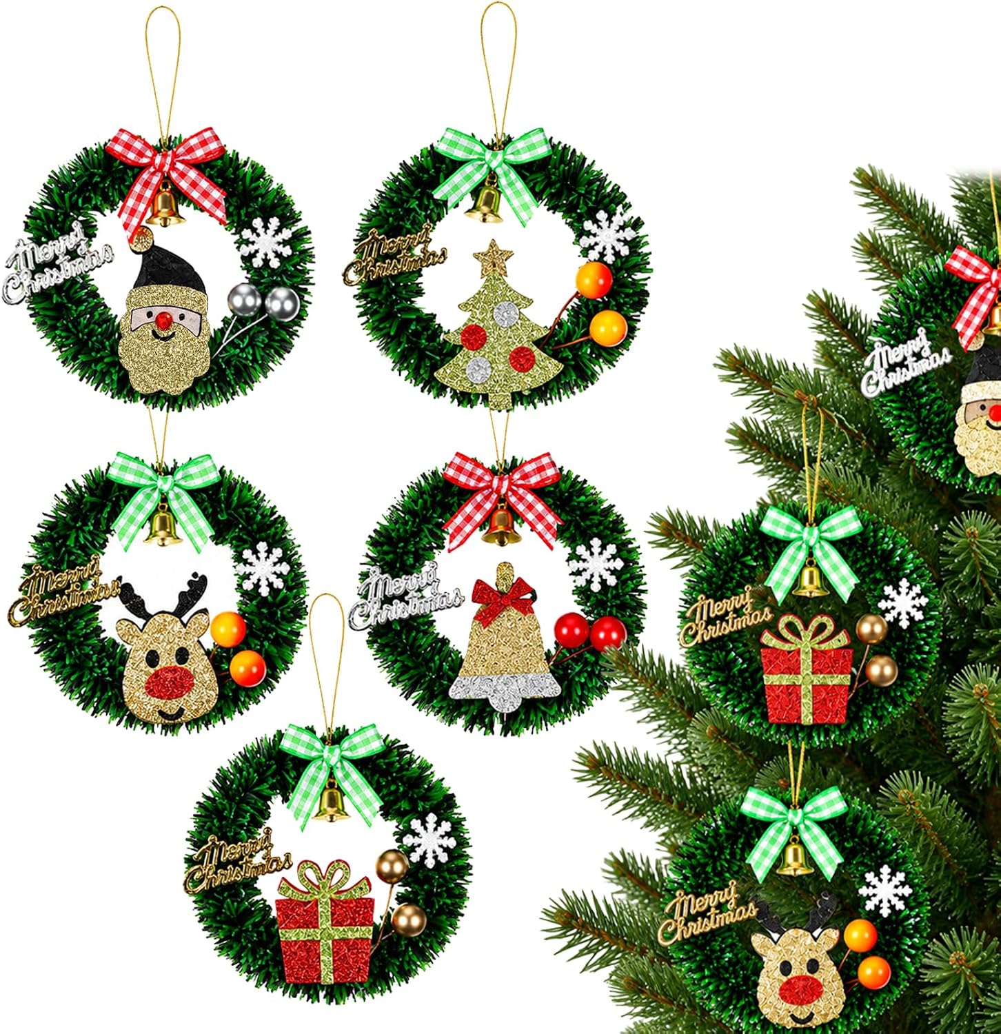 5Pcs 3.2" Mini Christmas Wreath Ornaments for Dollhouse, Small Xmas Wreath with Ribbon Bow Artificial Dollhouse Miniature Christmas Wreathes for Xmas Tree Dollhouses Door Party Decorations