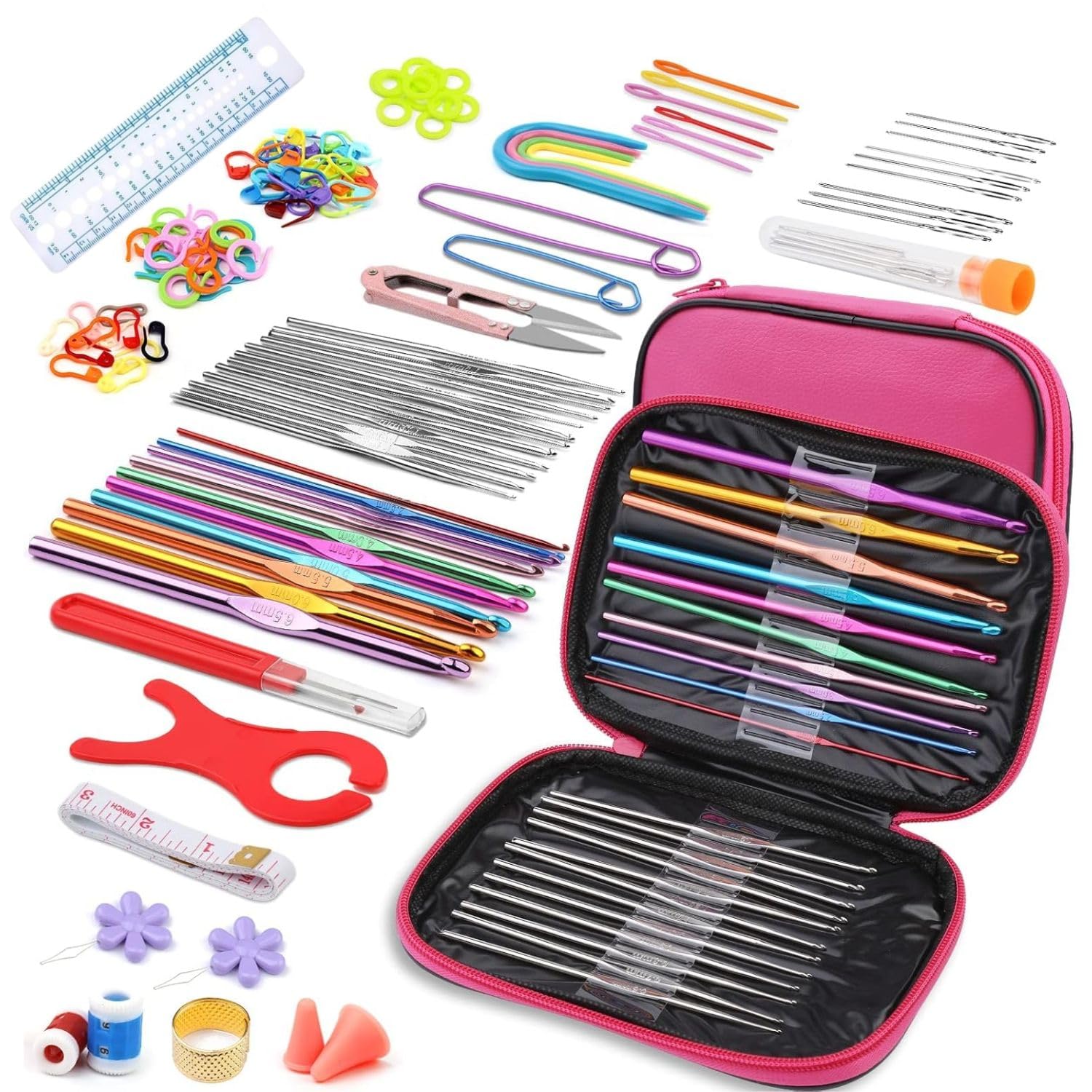 GEMSY 110 PCS Crochet Hook Set & Knitting Needles Kit for Beginners - Complete Crochet and Knitting Tools Set with Accessories - DIY Craft Kit for Sewing, Stitching & Handmade Projects(Pink)-image-40