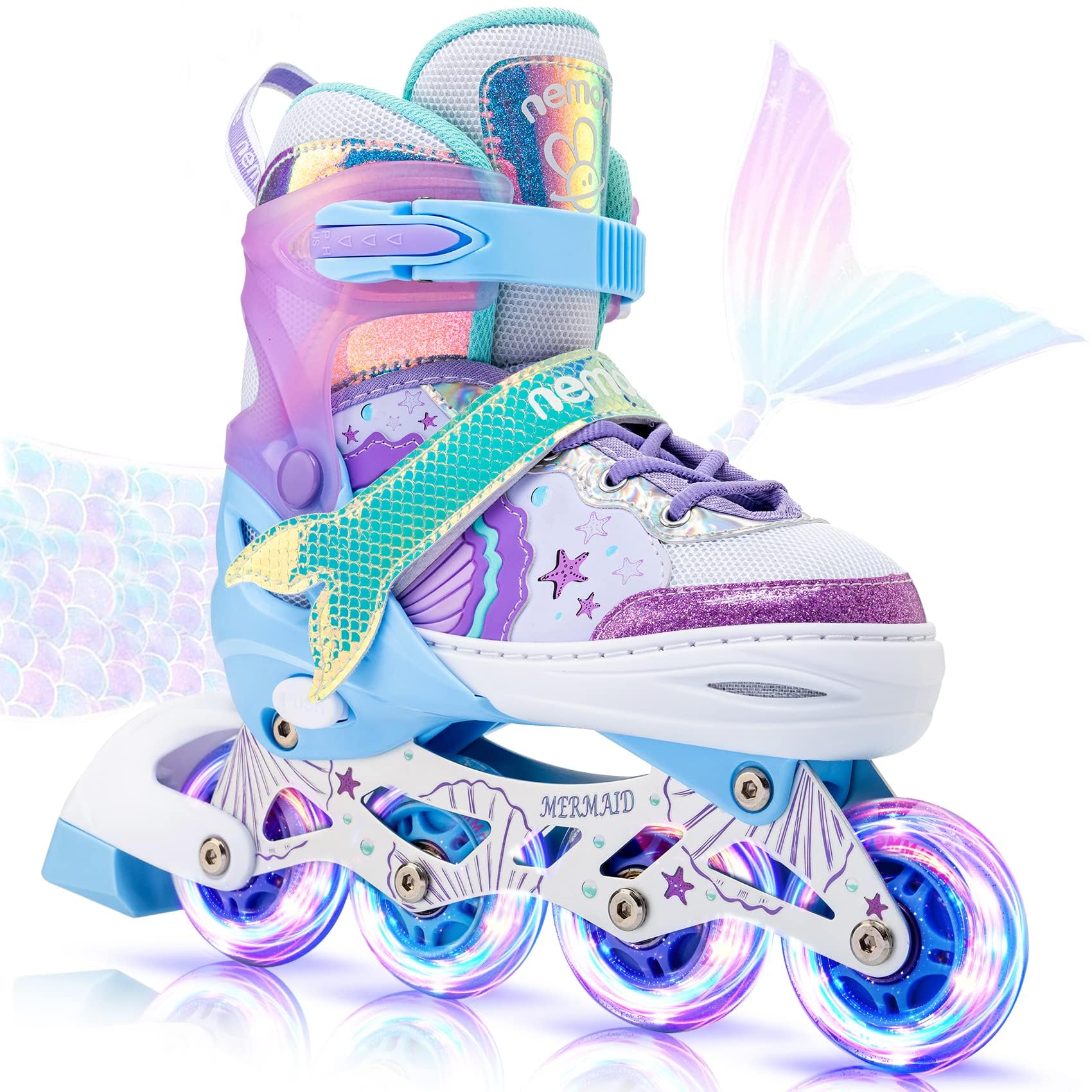 NEMONE Mermaid Inline Skates, 4 Sizes Adjustable Skates for Girls Kids with Light up Wheels, Indoor Beginner Outdoor for Kids Ages 4-6 5-8 6-12 8-12