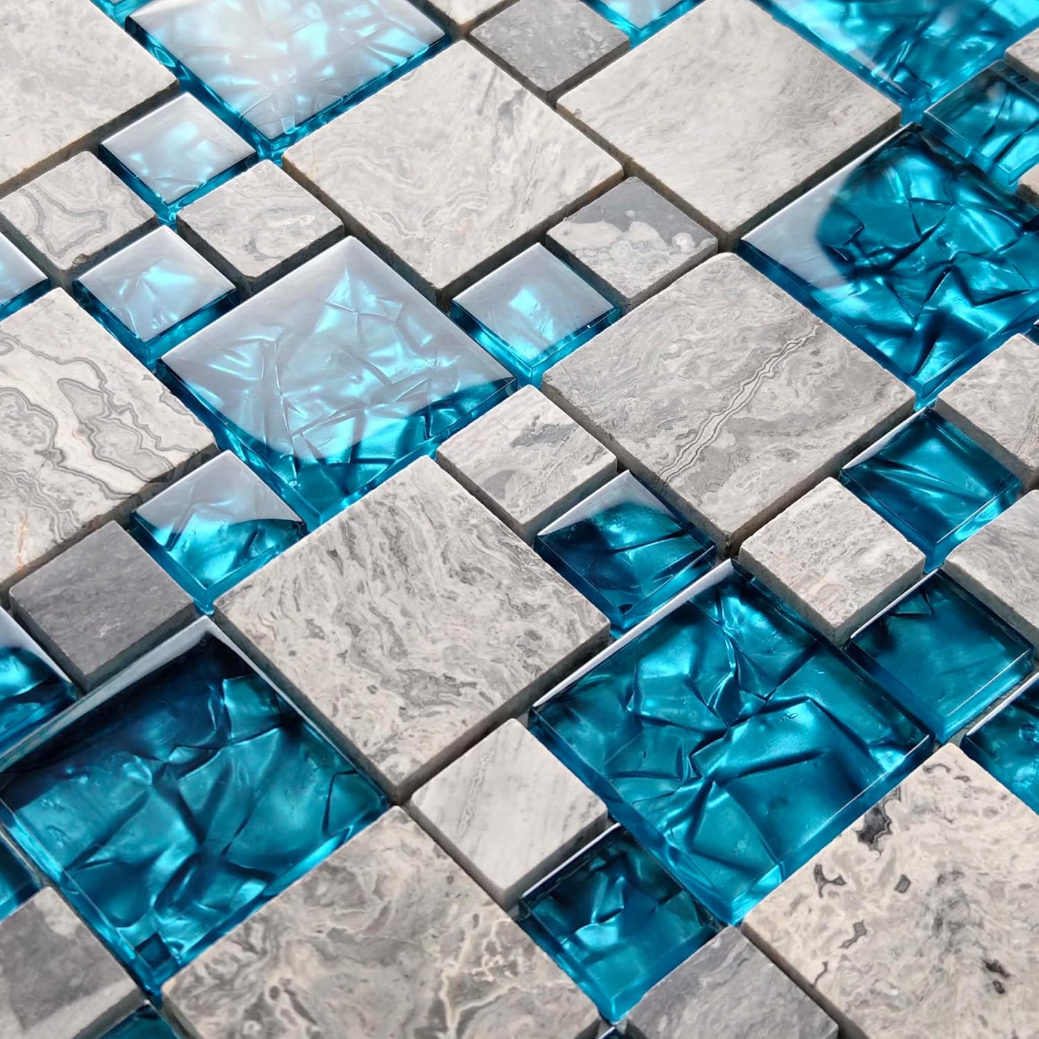 Hominter Premium Teal Blue Crystal Glass & Grey Stone Tile Modern Bathroom Shower Wall Versaille Patterns Mosaic for Kitchen Fireplace Decor (5 Square Feet)