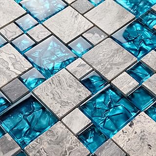 Hominter Premium Teal Blue Crystal Glass & Grey Stone Tile Modern Bathro...