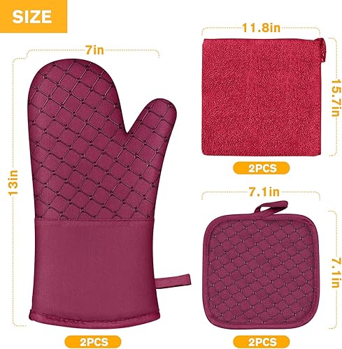 Vista 21 de 6 guantes de horno y soportes para ollas, resistentes al calor de 500 ℉ con toallas de cocina, forro de algodón suave y superficie de silicona Gris
