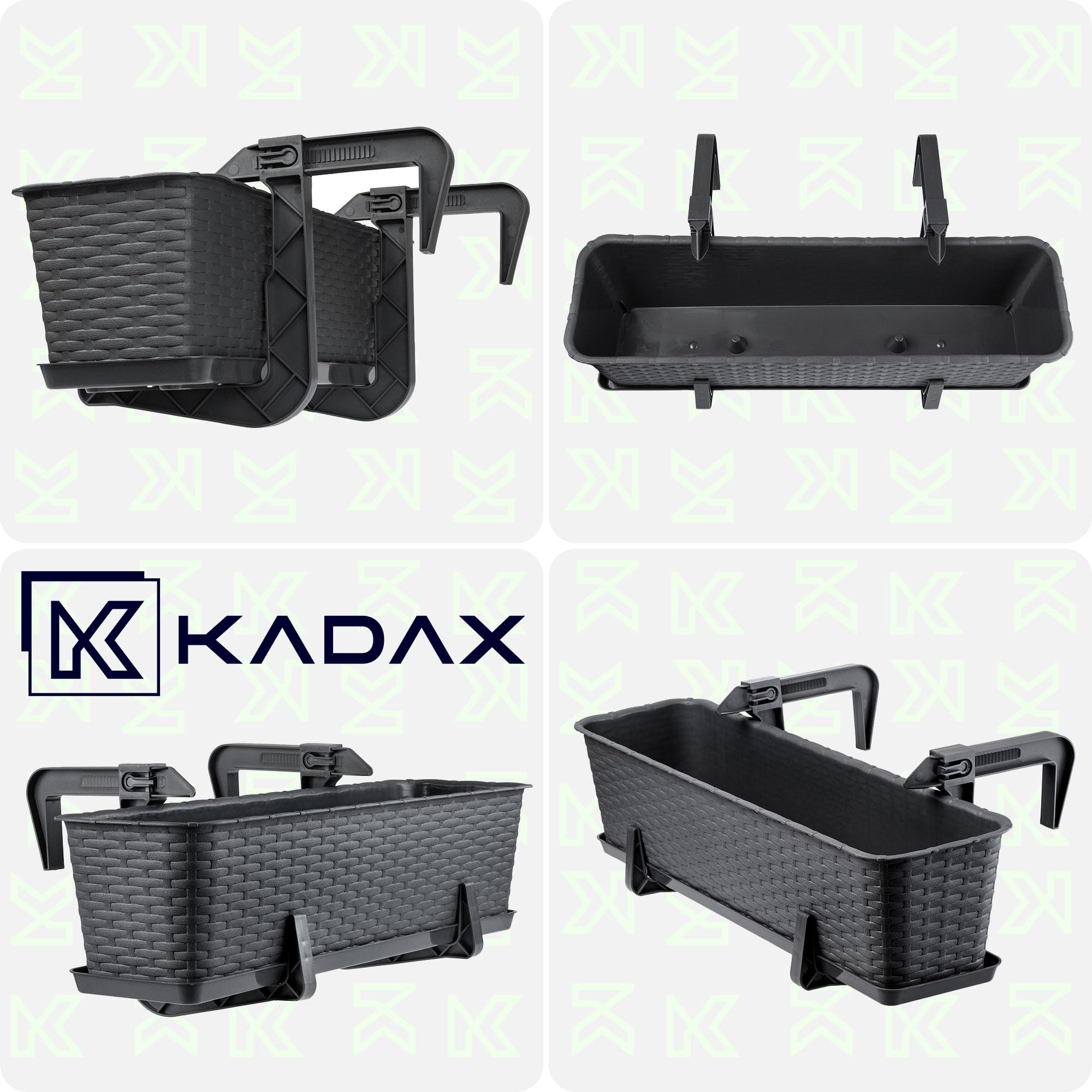 KADAX Maceta de Plástico Imitación Ratán, Macetero Rectangular con Platillo y Soportes para Exterior, Jardinera Colgante para Balcón (Antracita, 60 cm, Aprox. 12L)