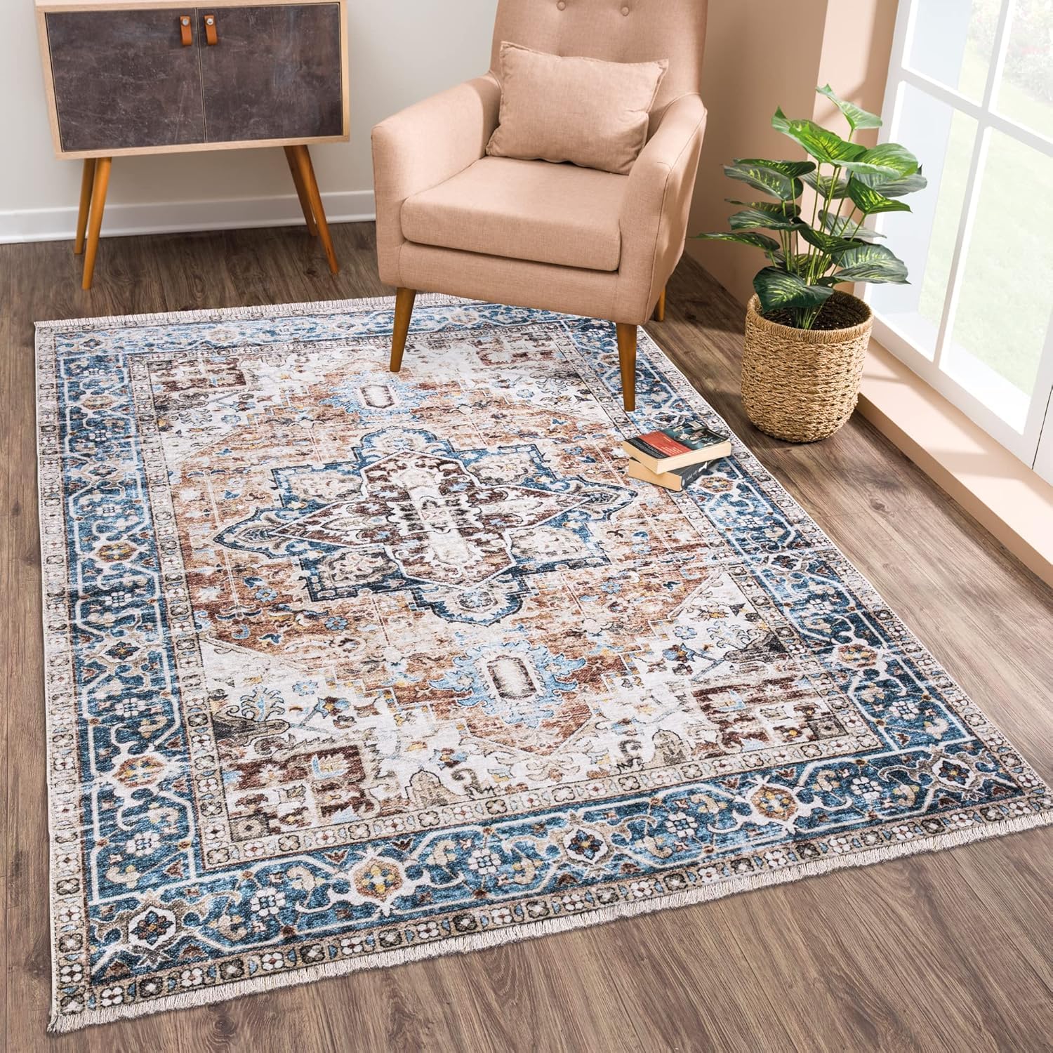 Tapis de salon et chambre vintage bleu et marron pour decoration maison 155x215