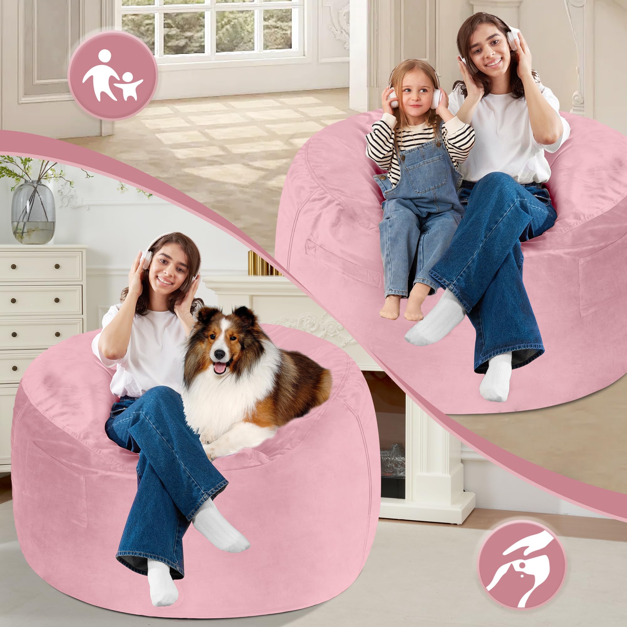 Homguava 5 FT Bean Bag Chair: 5' Bean Bags with Memory Foam Filled, Large Beanbag Chairs Soft Sofa with Dutch Velvet Cover-Purple