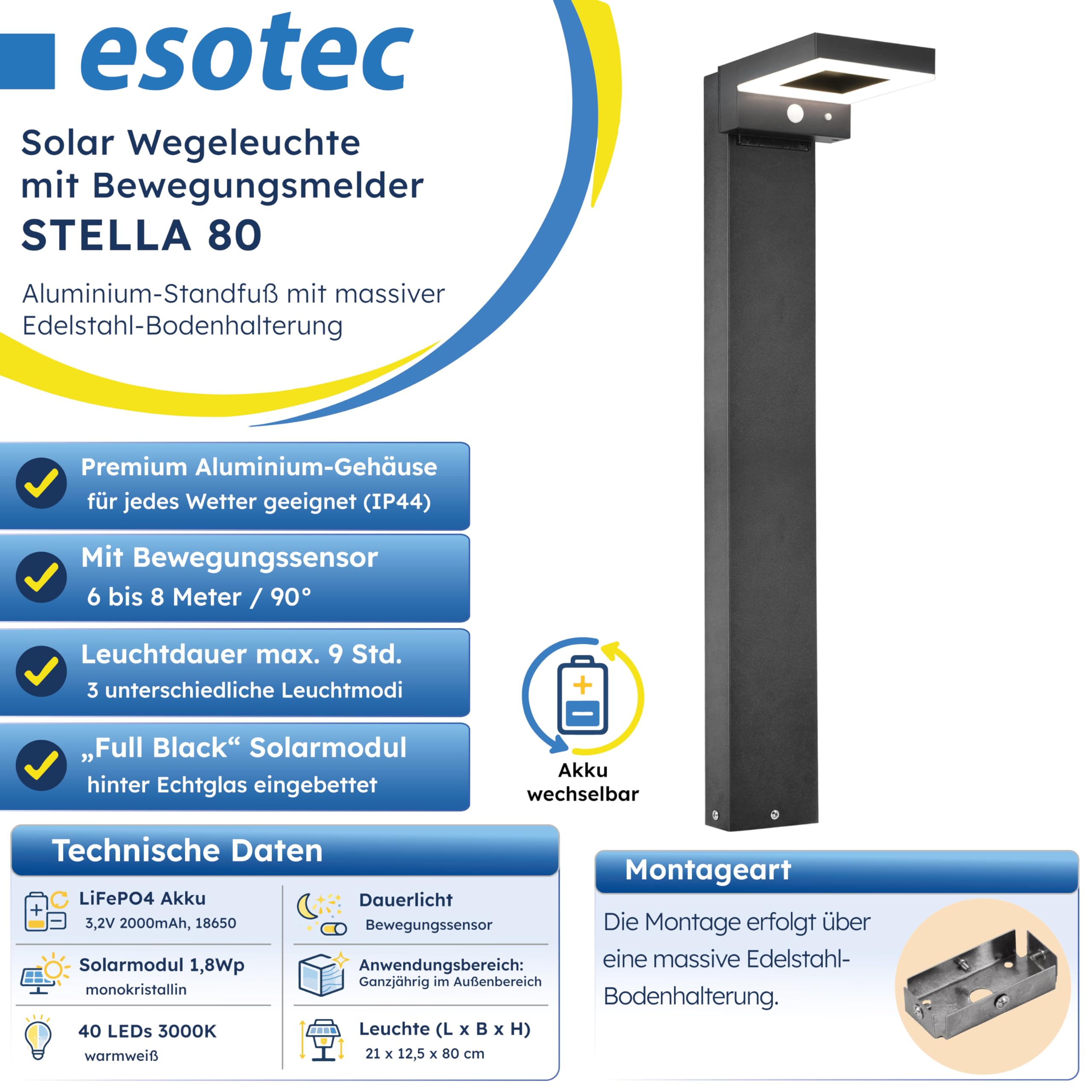 esotec Solar Wegeleuchte mit Bewegungsmelder Stella, H=80cm, Aluminium Außenleuchte, warmweiß 3000K, wechselbarer LiFePO4 Akku 102936