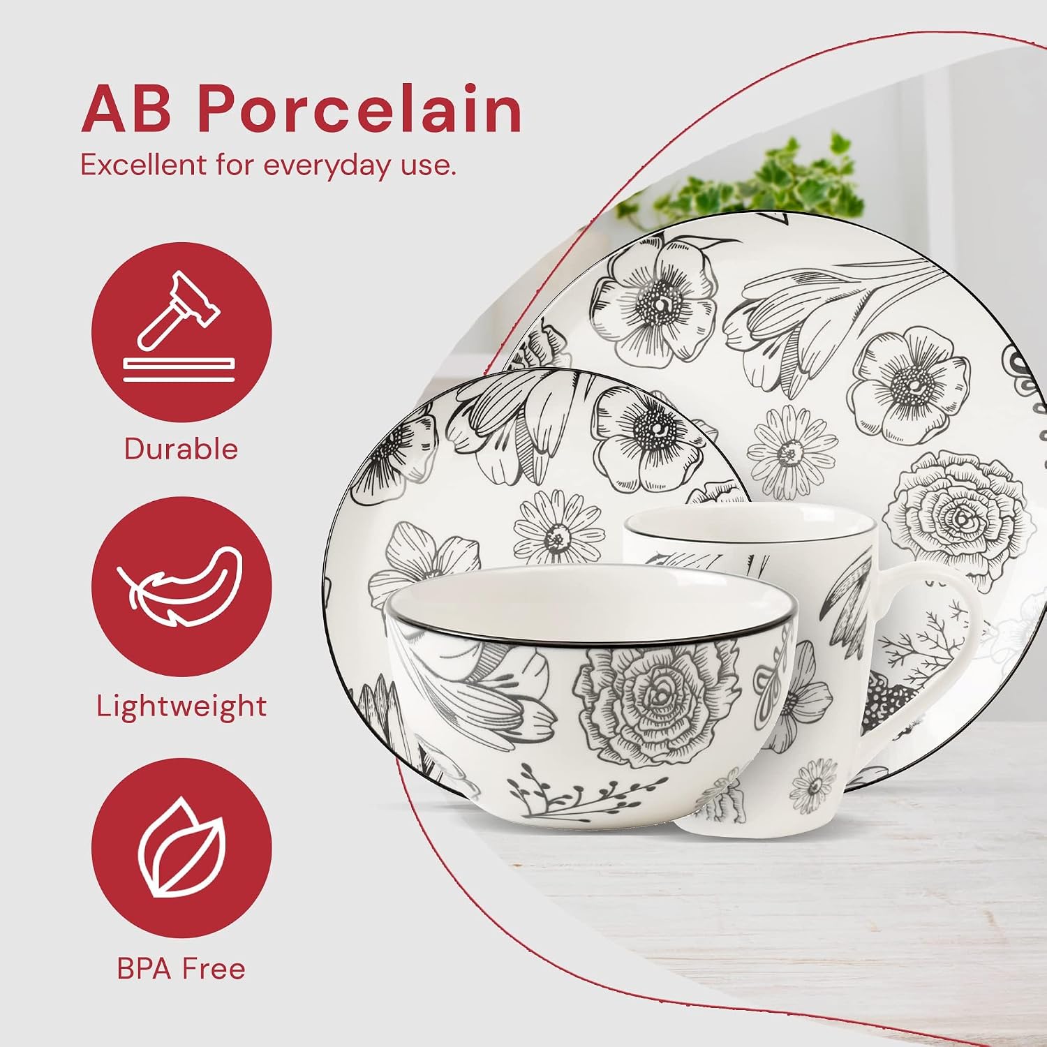 Pemberly Row 16-Piece Porcelain Dinnerware Set, Floral White Design, Includes Dinner Plates, Salad Plates, Bowls, Mugs, Lightweight Chip-Resistant, Dishwasher & Microwave Safe, Modern Table Setting
