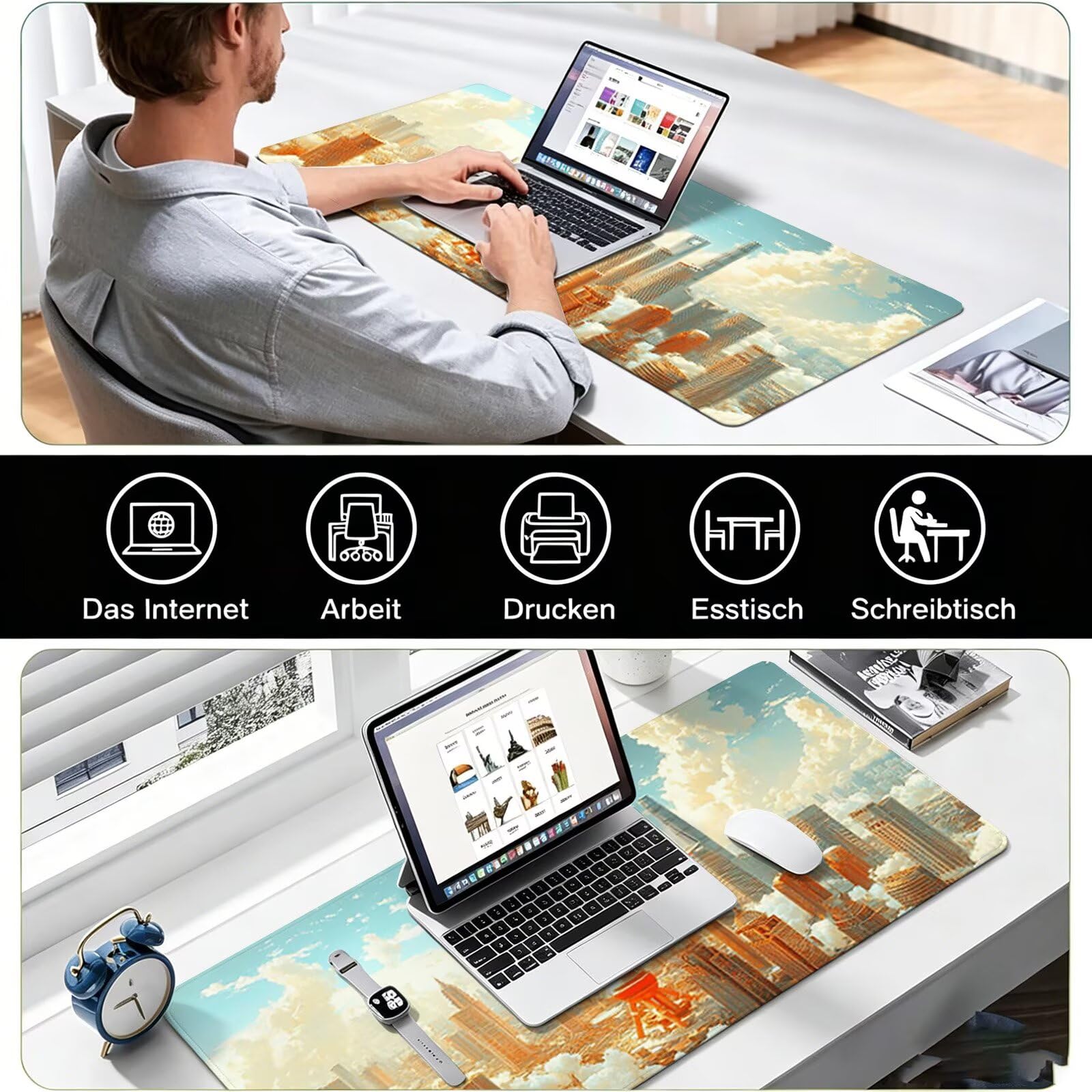 Podkładka pod mysz gamingowa – 1200 x 600 mm krajobraz miasto podkładka pod mysz XXL 0c0-125 | Z antypoślizgową gumową podstawą, poprawia precyzję i prędkość, akcesoria do gier do domu, biura, prezenty dla mężczyzn