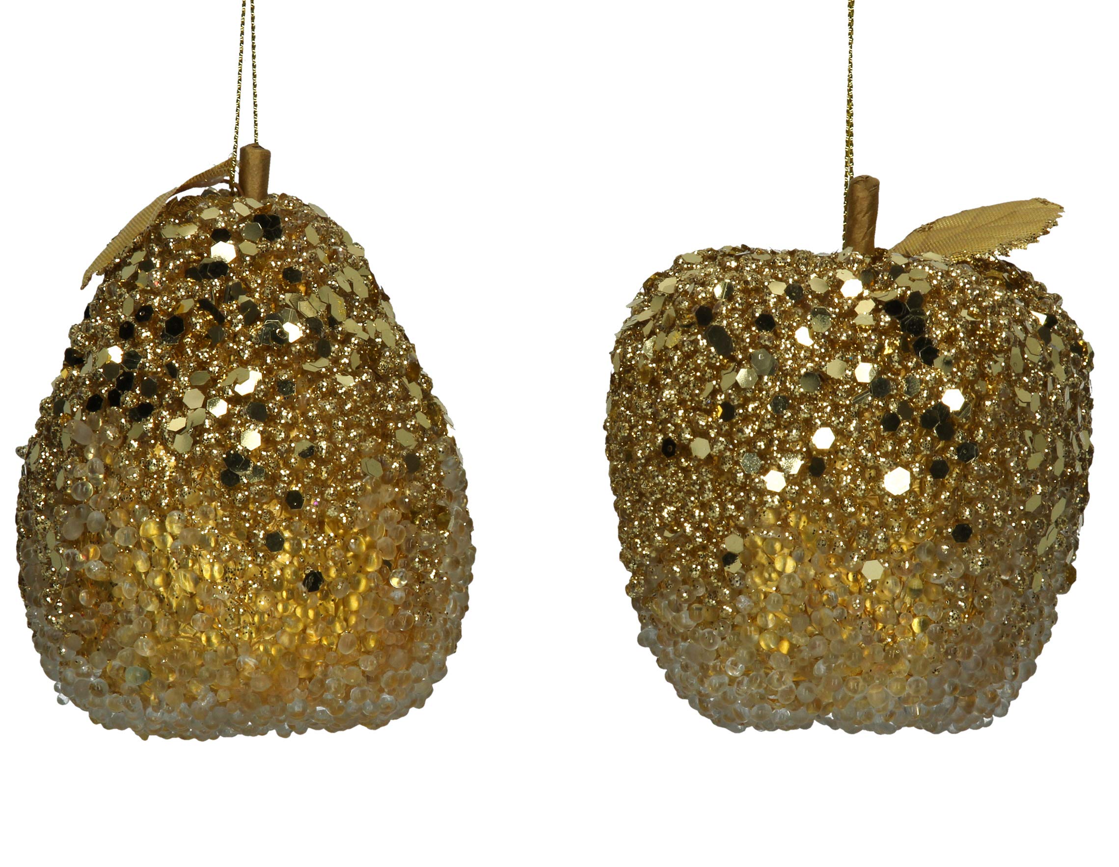Gisela Graham Gold Set Of 2 Christmas Fruits 9Cm - Beaded Apple/Pear
