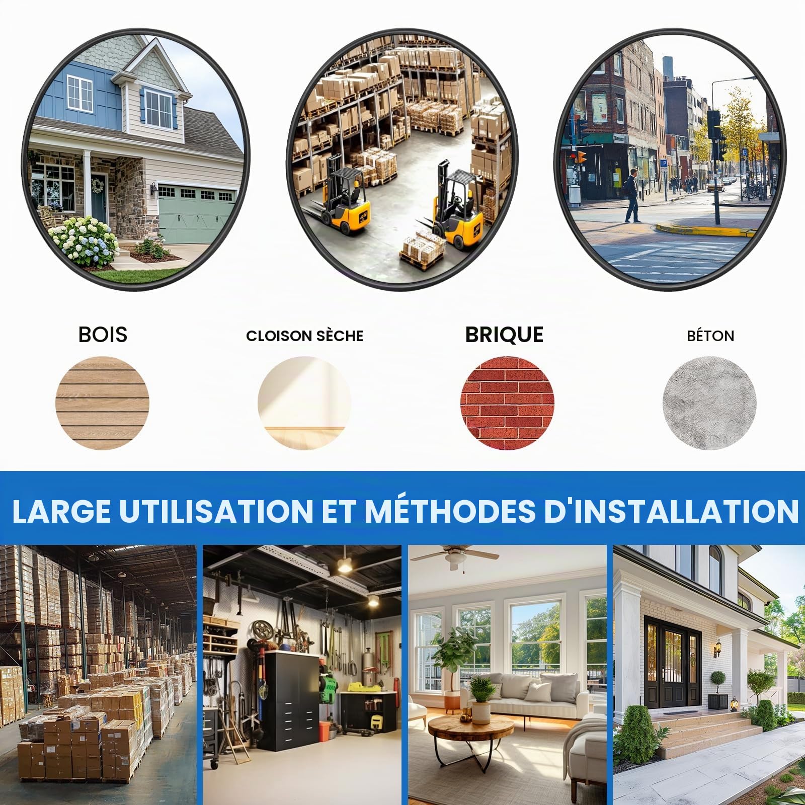 Miroir de Circulation Convexe 30cm Grand Angle Réglable Miroir de Sécurité pour allée, garage, parc, soutien pour l'intérieur et l'extérieur.