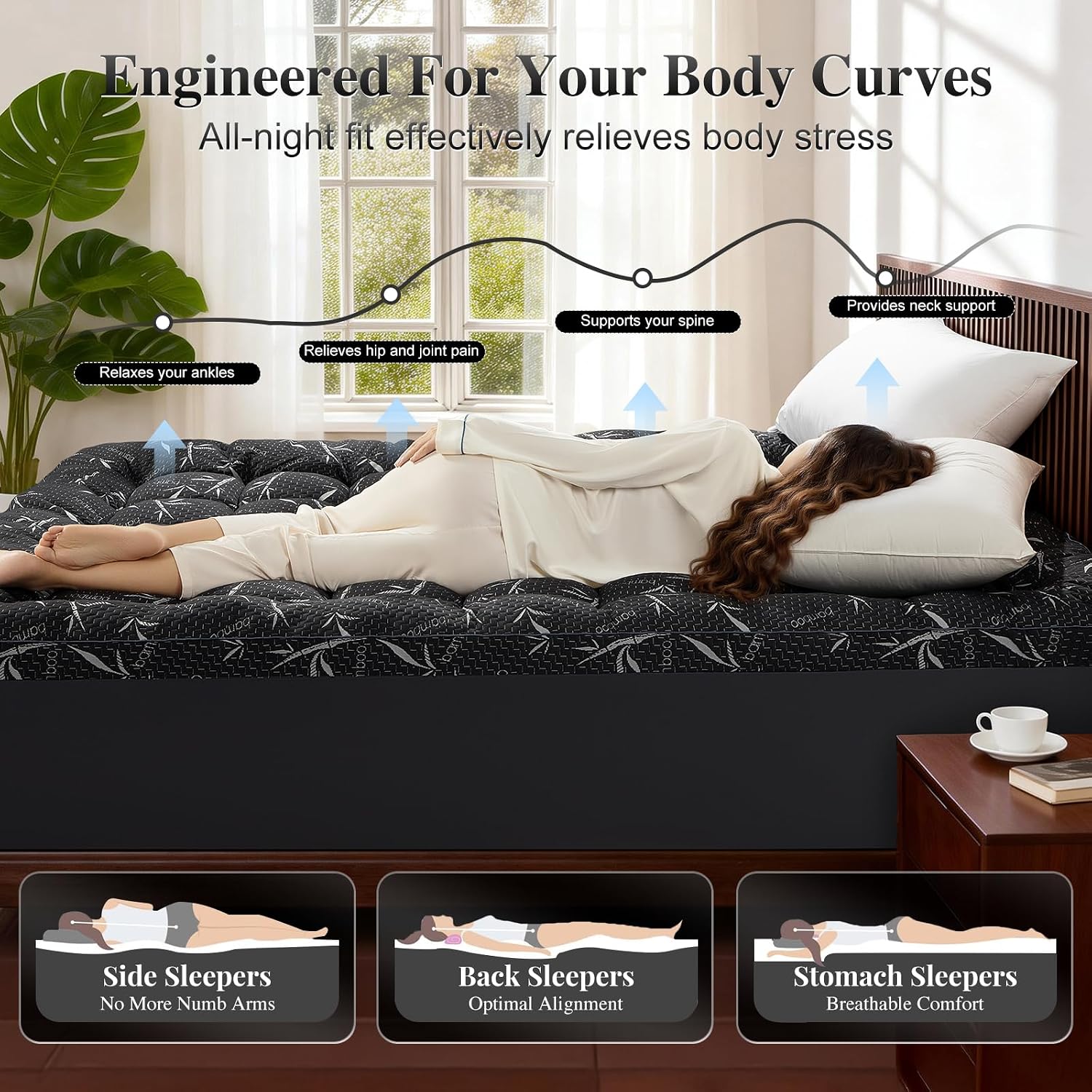 4 Inch Memory Foam Mattress Topper Queen Size - Extra Thick 2000 GSM Pillow Top Mattress Topper Body-Contouring Support for Back Pain,Breathable Cover with 6"-18" Deep Pocket (Black,60"x80")