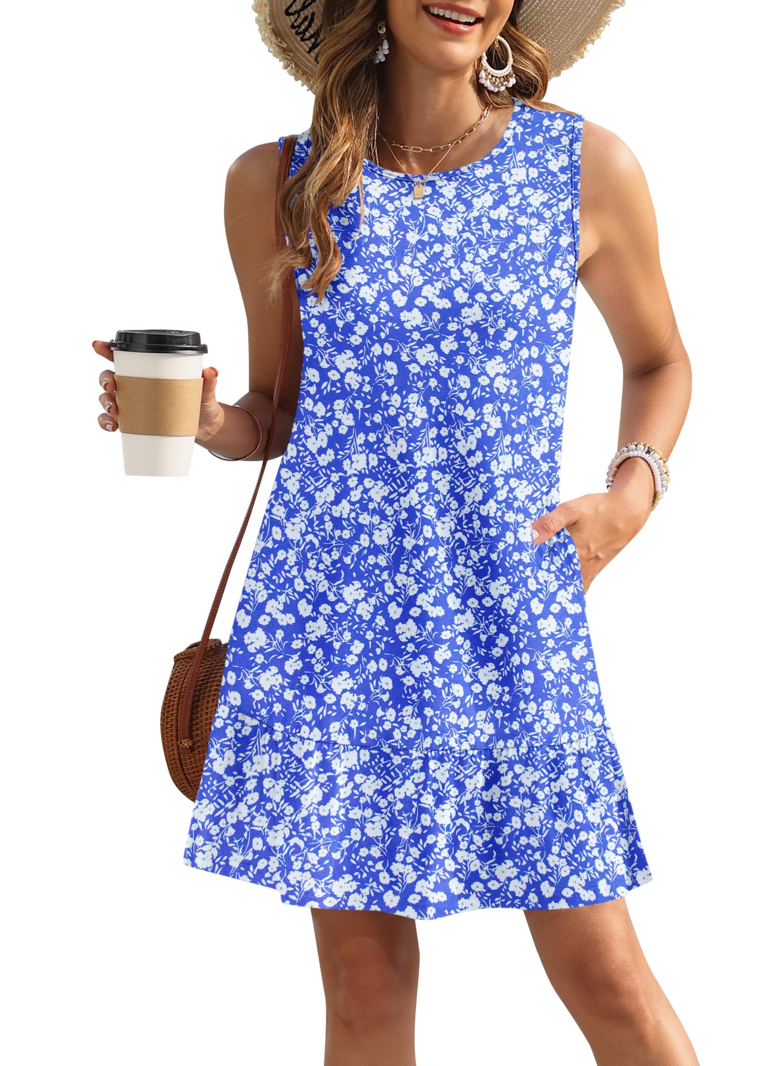 PLOKNRD Women's Summer Dresses Casual Sleeveless Ruffle Hem Tshirt Sundress Loose Beach Tank Dress Pockets 2025