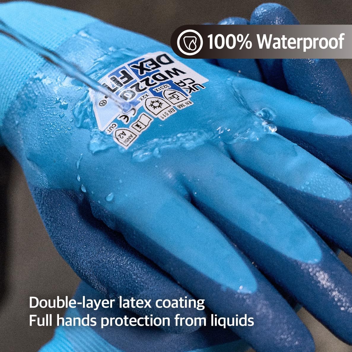 DEX FIT Waterproof Work Gloves WD220 Double, Thermal and Insulated with Warm Fleece, Comfortable and Flexible Fit, Non-slip Sandy Latex Grip, Machine Washable; Blue XL (10) 3 Pairs