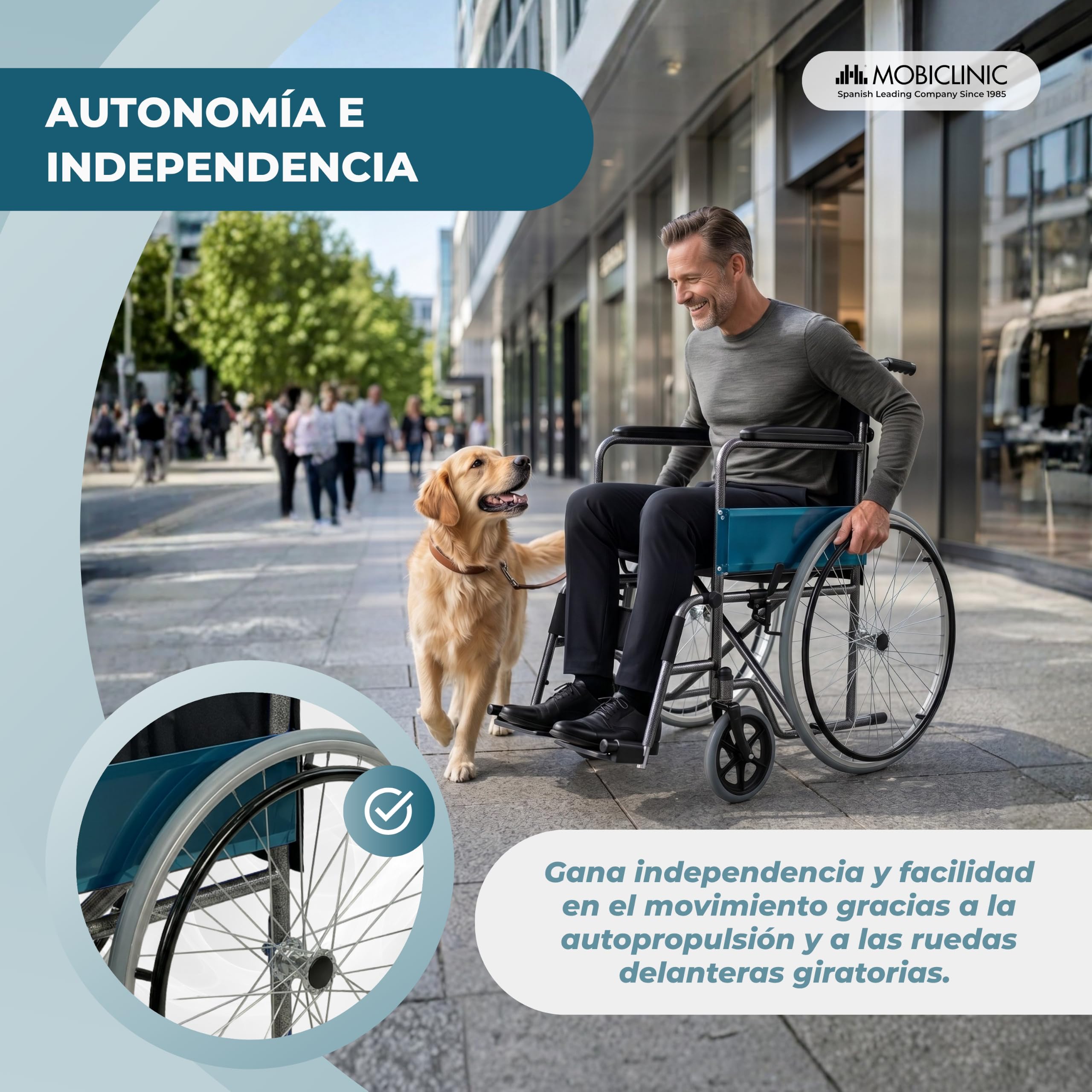 Mobiclinic®, Silla de ruedas plegable, Ligera, Alcázar, Autopropulsable, Freno estacionamiento, Asiento 46cm, Marca española, Reposapiés abatibles, Reposabrazos acolchados, Resistente
