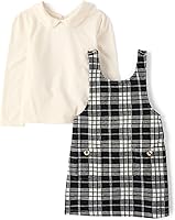 The Children's Place Baby Girl Toddler Long Sleeve Peter Pan Top & Plaid Skirtall Dress Set - Soft Comfort Fit