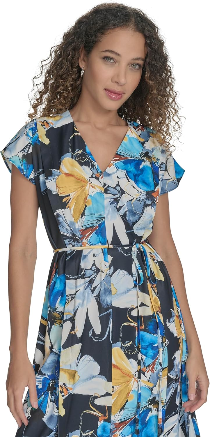 Calvin Klein Womens Short Sleeve V-Neck Tie Waist Knee Length A-line Dress - Image 4