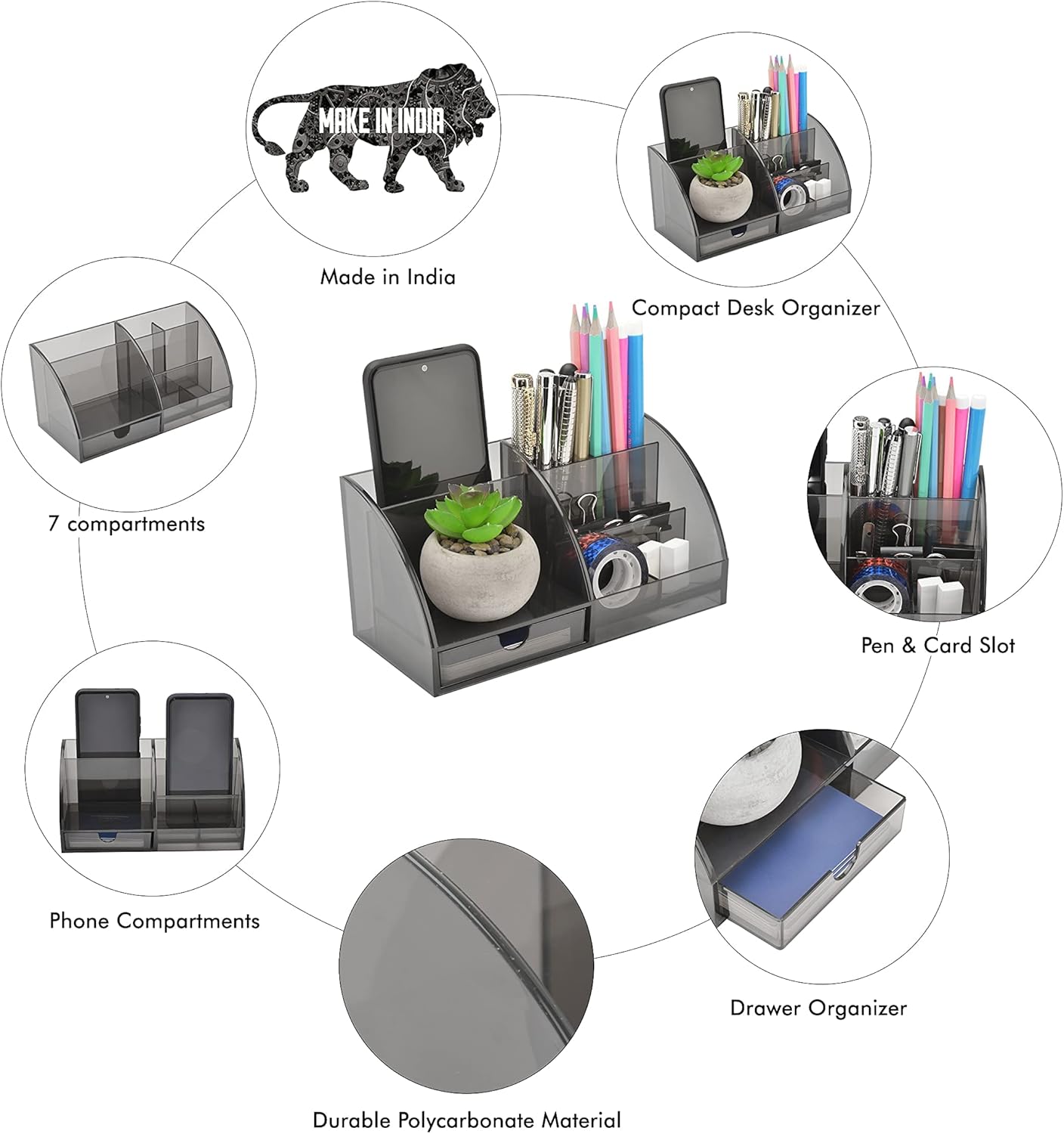 Desk Organiser, Smoky Black, Pen Stand, 7 Compartment Stationary Organizer (21 cm x 9.5 cm x 10 cm)