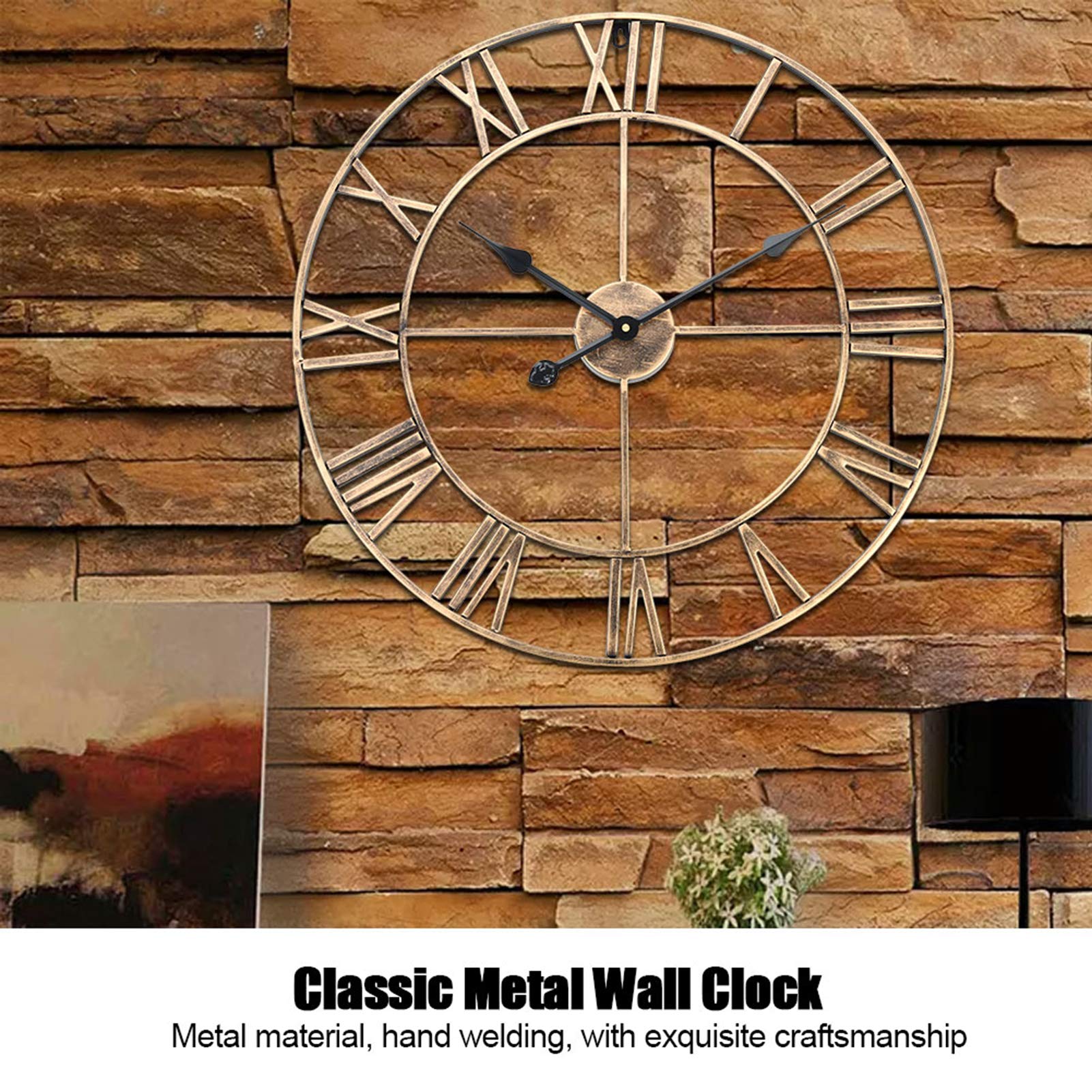 Hidyliu Reloj de Pared Redondo Grande de Hierro, Números Romanos Hechos a Mano para Decoración del Hogar, Restaurante, 60cm, Dorado (Oro 60cm)