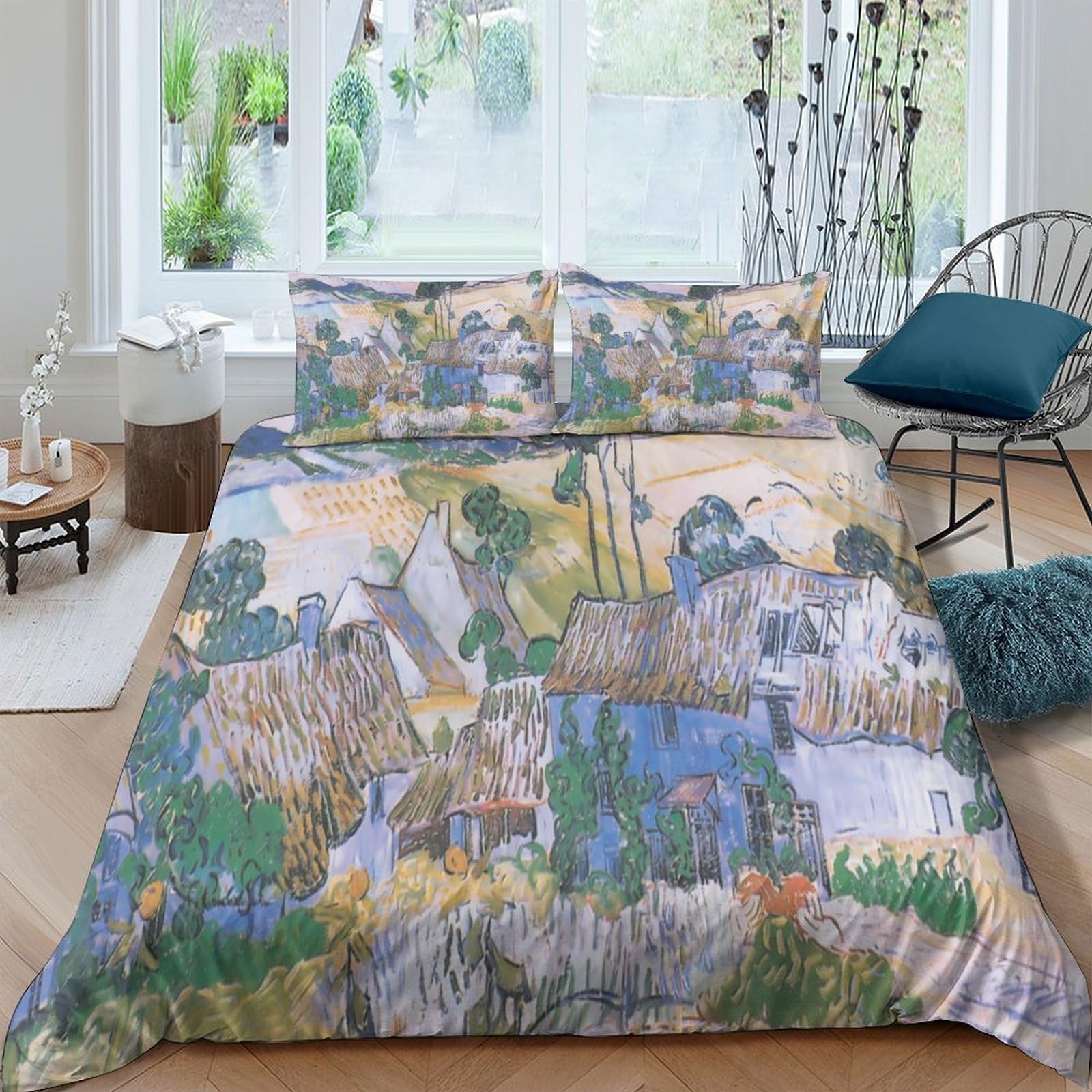 Ctjqhvkz Style-4 3D Printed Village Landscape Fitted Sheet Microfiber Soft Breathable Cottage Scene Mattress Cover For Bedroom Guest Room Decor Single（135X200cm）