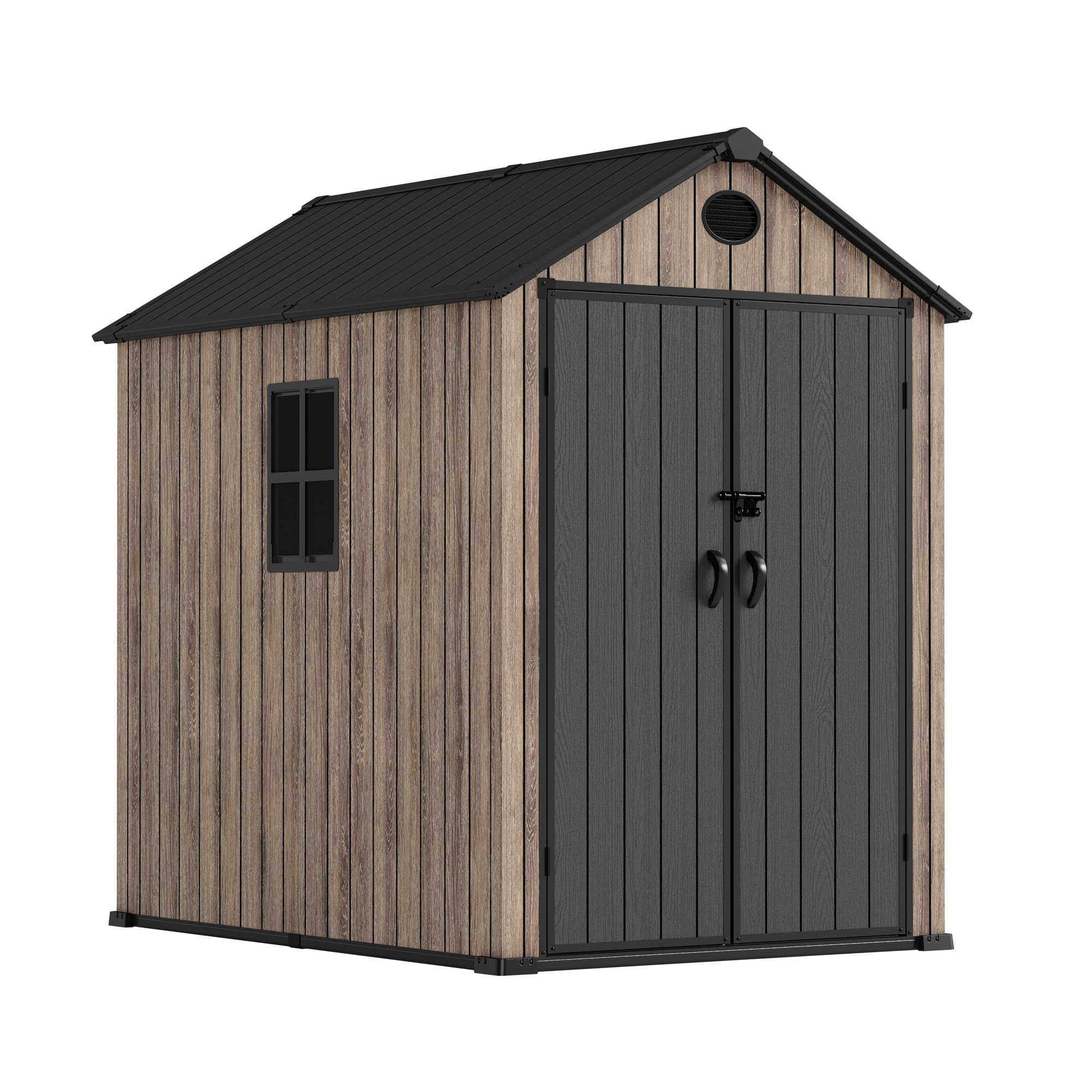 Hoggar – Caseta de Resina Jardín 3,​62m2 Oak O40 - Suelo Incluido – Ventana Lateral – Efecto Madera Premium - Doble Puerta Amplia – Protección UV e Impermeable – Cierre con Pasador – Respiraderos
