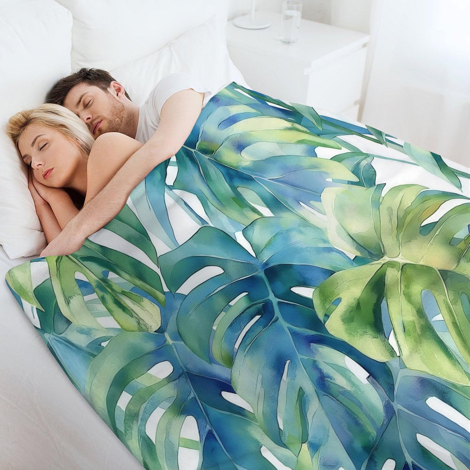 Manta Acuarela Plantas Tropicales Franela Suave 220x240 cm - Manta Verde Polar Caliente Estampado Jungla Hojas De Monstera, para niñas niños Adultos Mantas de sofá de Viaje