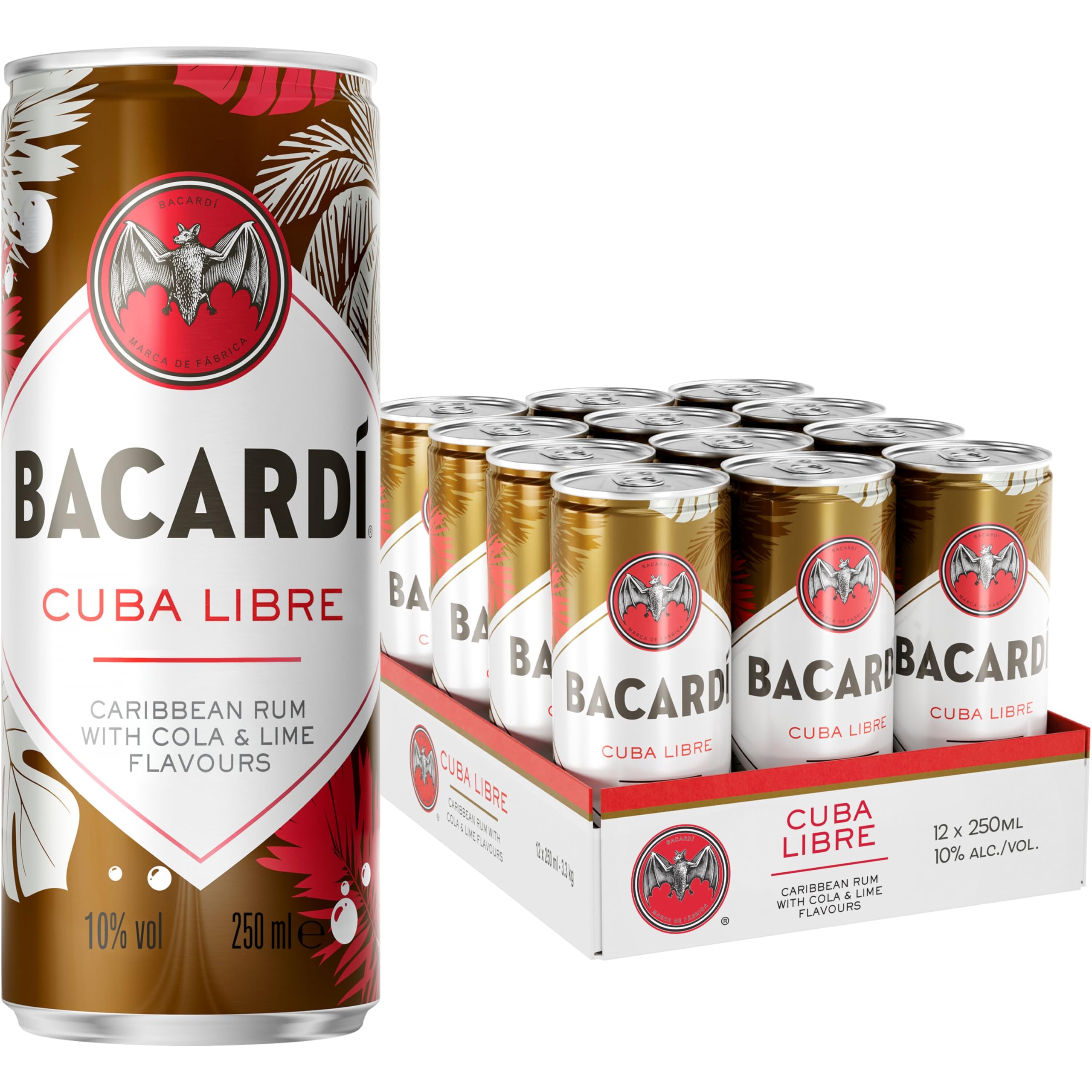 BACARDÍ Cuba Libre, 10% Vol., 12 x 25 cl/250 ml, Ready-To-Drink Cocktail in der Dose, trinkfertig mit BACARDÍ Carta Oro Rum, Cola und Limette