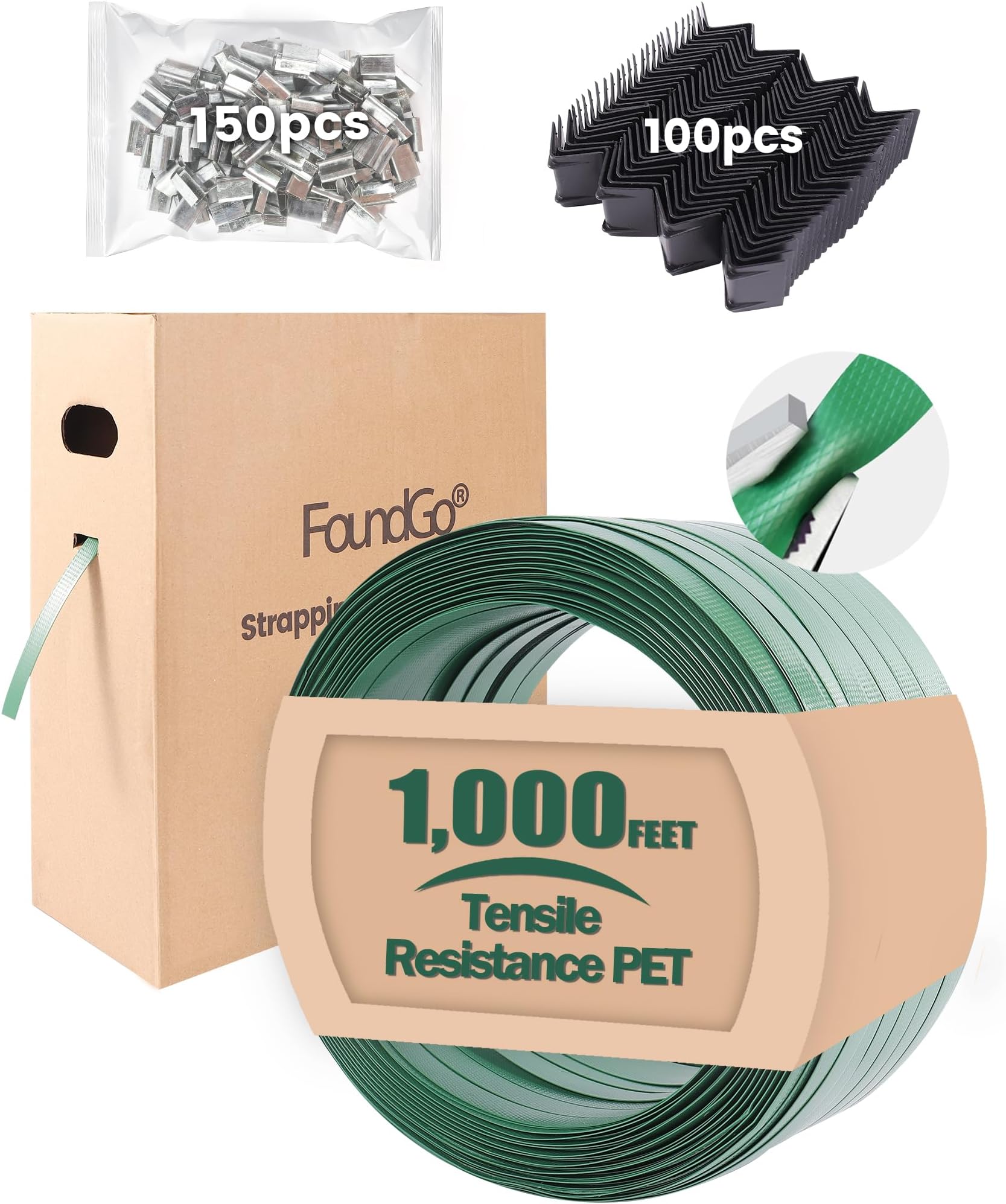 FoundGo Green Polyester (PET) Strapping Roll Industrial-Grade5/8" Width x 1000'Length ＞1500lbs Break Strength Durable Waterproof and Rustproof with its own Pull-Out Box