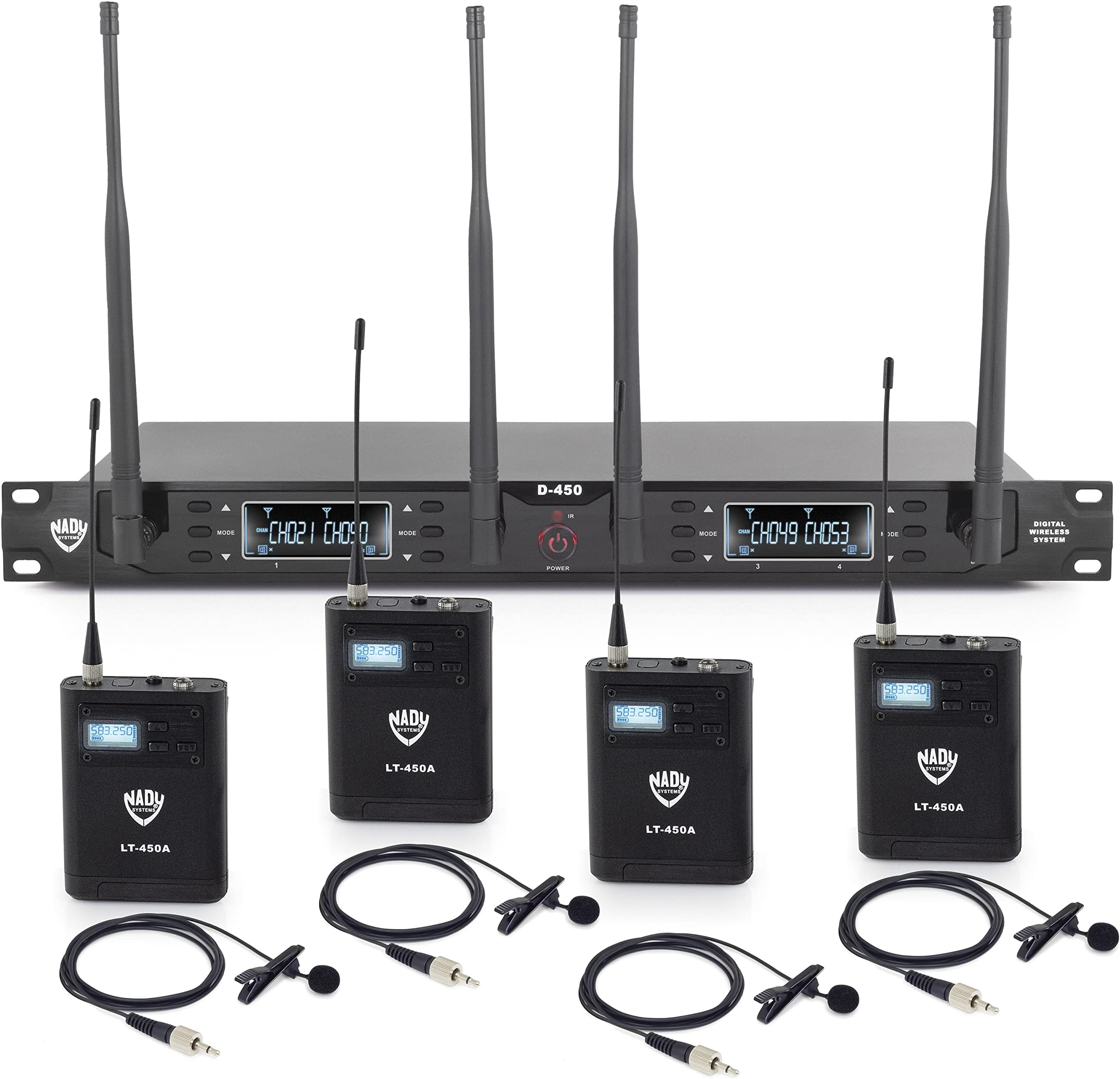 Nady Systems D-450-LT Quad Receiver 200-Channel Digital Wireless Lapel Microphone System | All-Metal Bodypacks & Receiver | 48kHz/24bit | 300'+ Range | 4 Individual XLR & 1 Sum ¼ Outputs