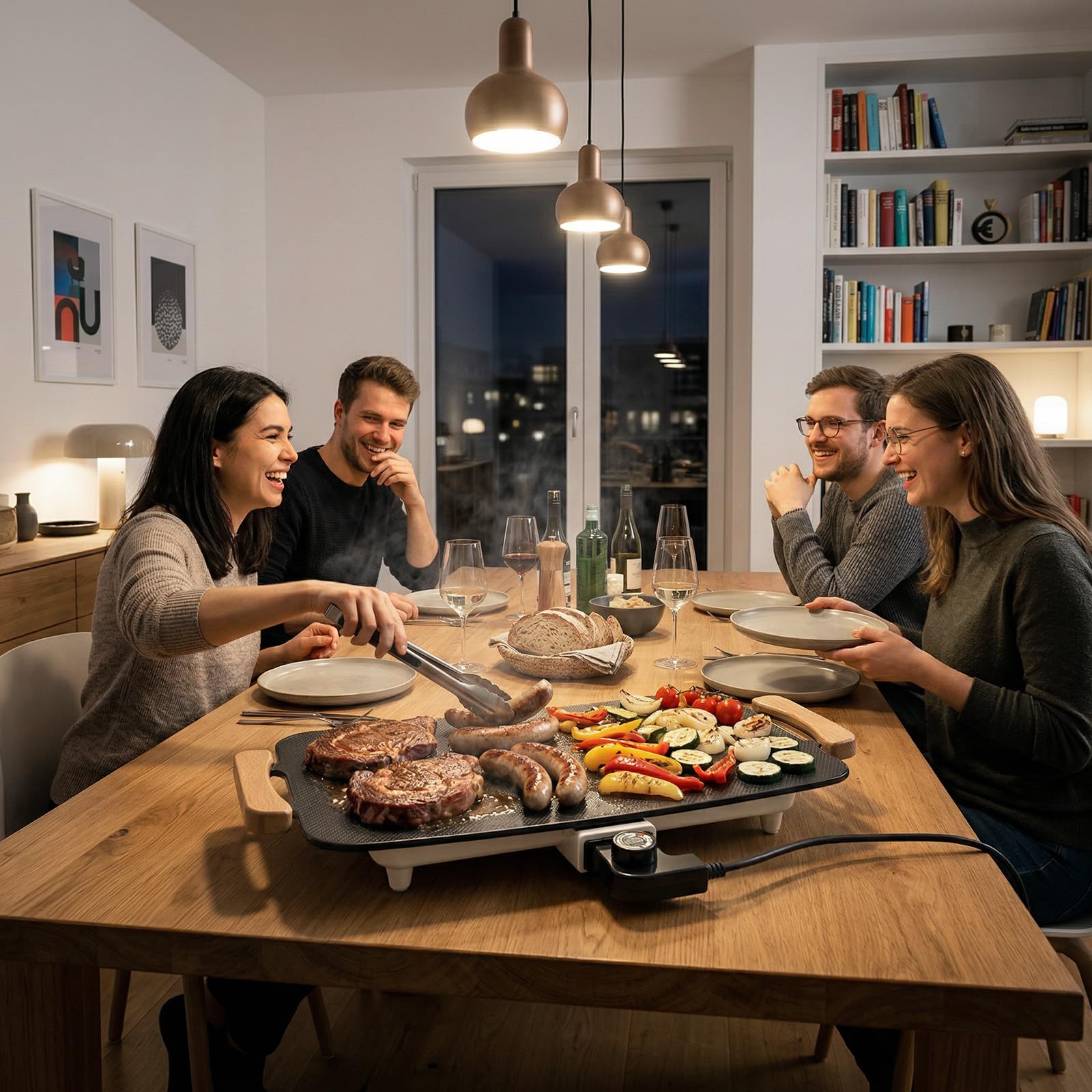 WOOX 1380W Plancha Électrique – Grande Surface (51x30 cm), Antiadhésif, Idéal Repas Famille, Pancakes & Grillades, Chauffe Rapide, Sans PFAS, Poignées en Chêne, Facile à Nettoyer