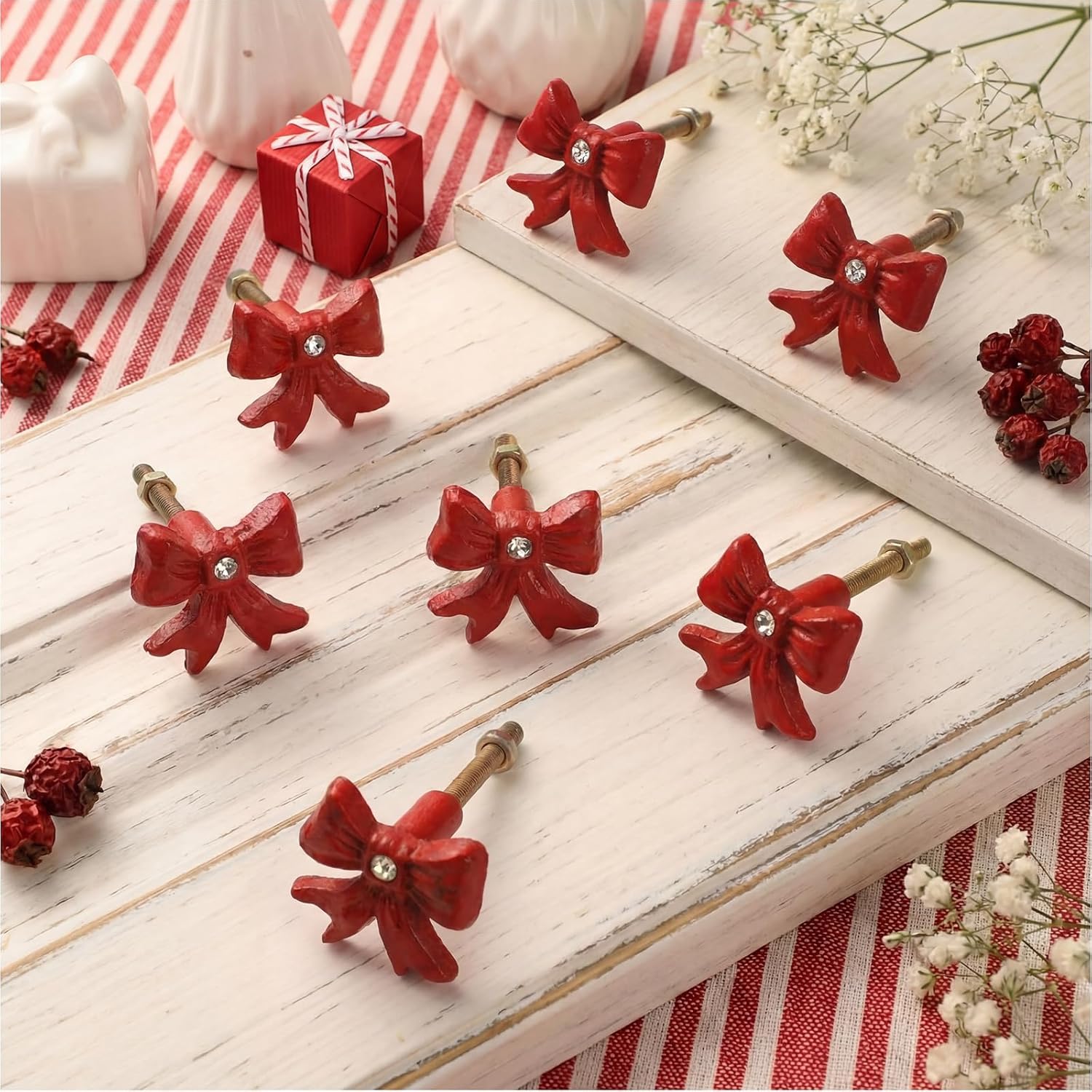 MorningRo 8 Pcs Red Bow Dresser Knobs Cast Iron Drawer Cabinet Knobs Coquette Girly Bow Vintage Decorative Drawer Pull Handles for Nursery Girls Room Vanity Wardrobe Bedroom Kitchen Home Decor