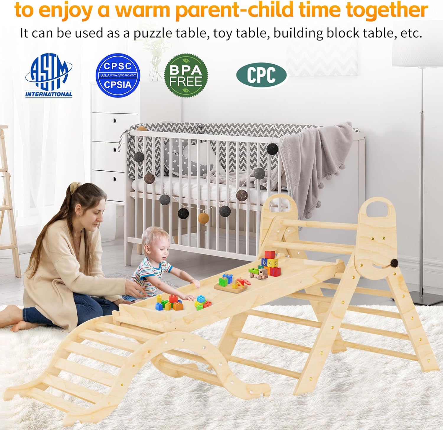 sehloran large size 8 in 1 pikler triangle set with pinball game and tent for kids, foldable toddler climbing toys indoor, natural wooden montessori climbing set jungle gym with arch&ramp&ladder