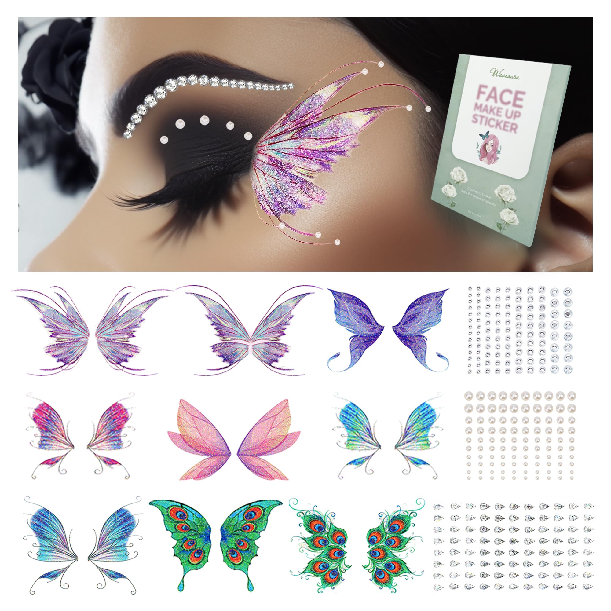 Temporary Tattoos Kit Glitter Butterfly Makeup Festival Face Gems Tattoo Eye Fake Tattoos Semi Permanent Stickers for Women Face Jewels Stick on Earrings Hair Rhinestones Rave Accessories