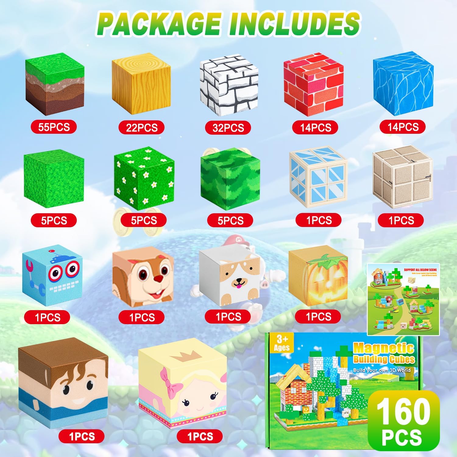 Magnetic Building Blocks 160PCS Magnet Cubes Toys, Build 3D Forest World Set, STEM Montessori Sensory Toys for Kids Boys and Girls Ages 3-5 4-8