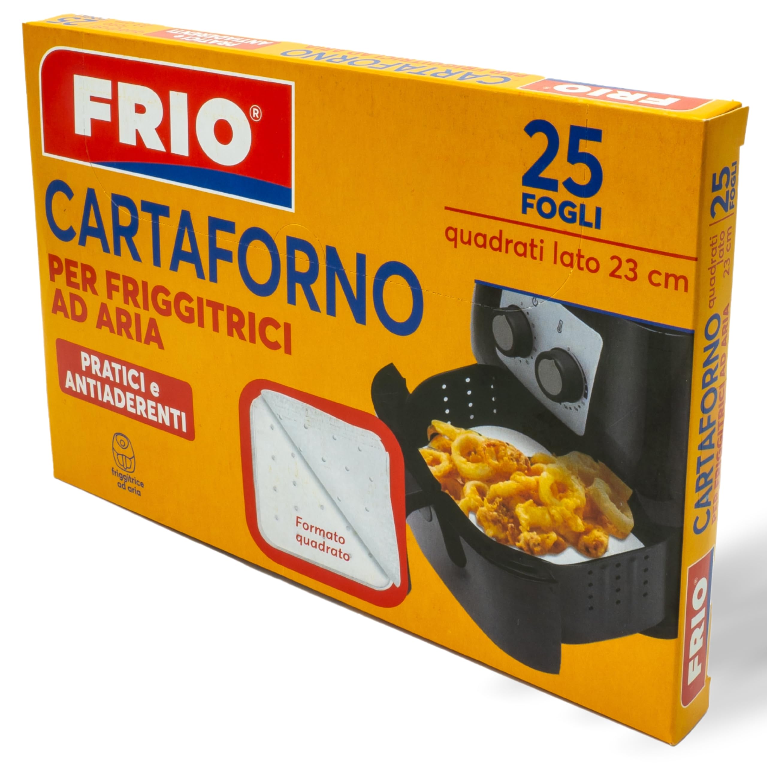 FRIO - Carta Forno per Friggitrici ad Aria - 25 Fogli Quadrati 23x23 cm - Cottura Sana e Salutare. Formato quadrato, adatto a tutte le Airfryer