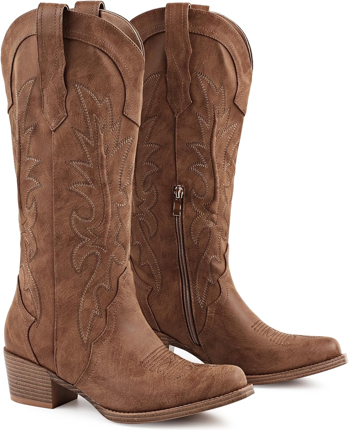 Cowboy Boots for Women Knee High - Snip Toe Embroidered Cowgirl Boots Chunky Heel Fashion Retro Western Boots with Padded Hand-Brushed