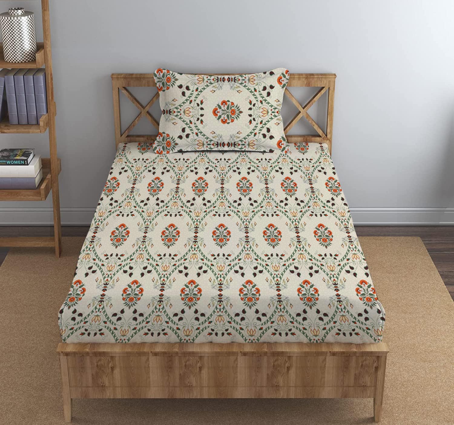 DECOMIZER Cotton Feel All Around Elastic Fitted Glace Printed Single Bed Bedsheet with 1 Large Pillow Cover Fits Upto Mattress of 6 Inches,Size - 42 x 75 x 8 Inches, Beige Jaipuri