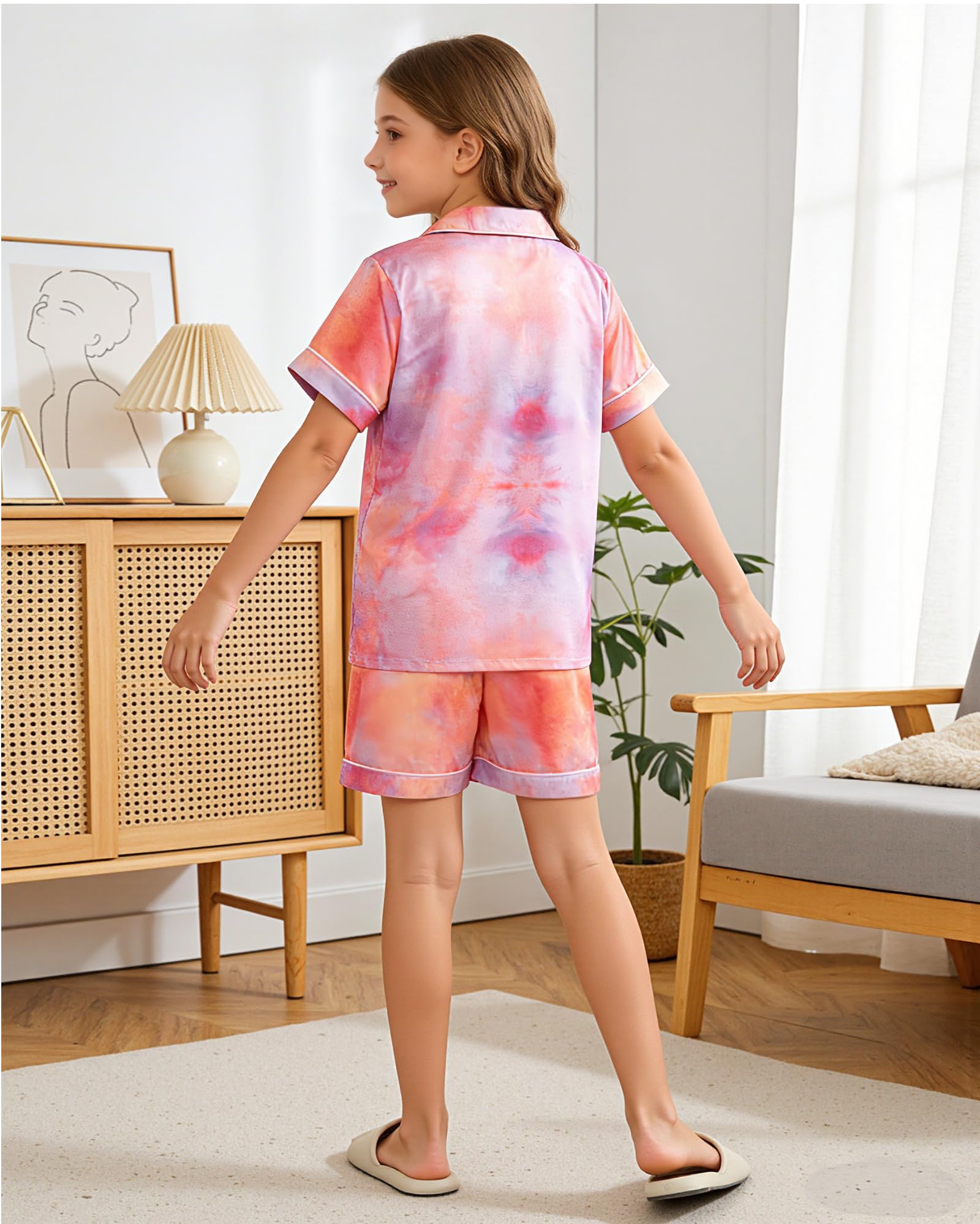 KAKU NANU Pijama de Satén para Niñas Verano 5-13 Años,Conjunto de 2 Piezas con Botones de Manga Corta-Pijama de Verano Transpirable y Suave 5 Estampados Surtidos