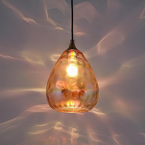 Miniatura 8 de Iluminación colgante dorada con pantalla de vidrio martillado ámbar, lámpara colgante Art Deco de 1 luz para isla de cocina, comedor, dormitorio