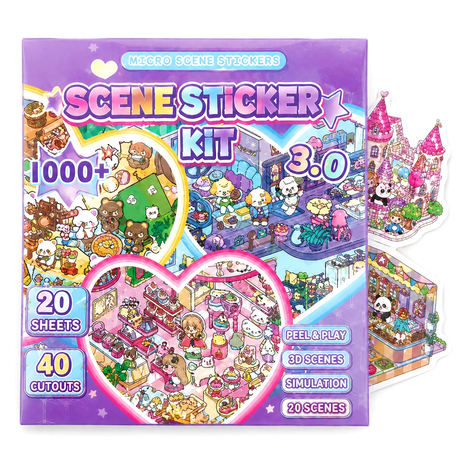20 Sets DIY 3D Sticker Scene Book, Reusable Sticker Book with 40 Cute Stickers, Miniature 3D House Stickers Kit, Stress Relief Stickers for Adults & Kids, Creative Stickers Gift