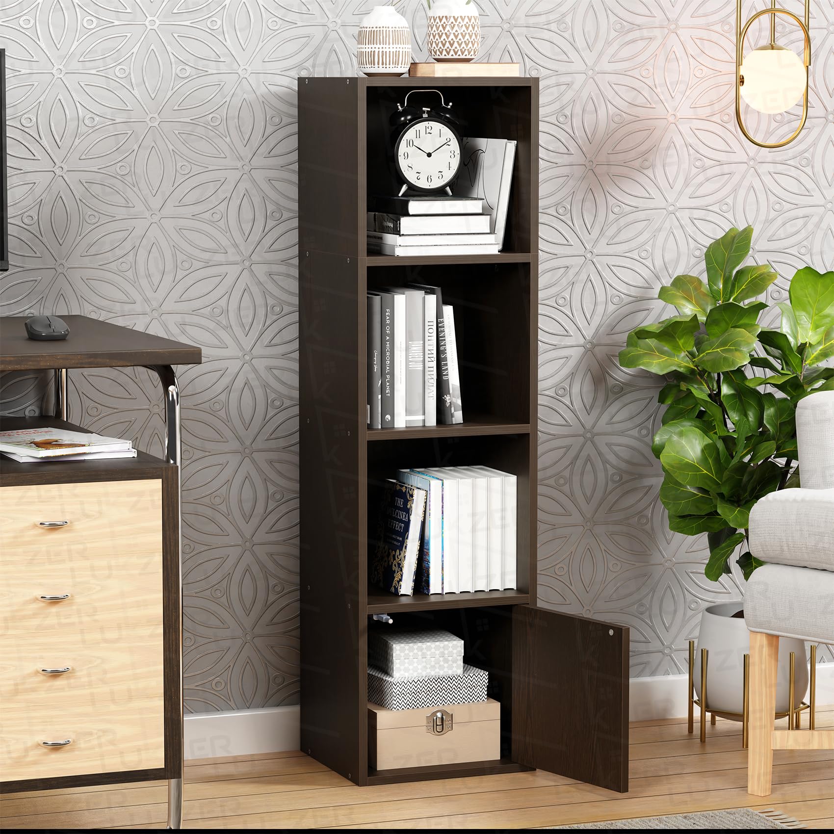 Lukzer 4 Layer Wooden Book Rack/Shelf/Stand | Multipurpose Storage Cabinet & Bookshelf with Open & Enclosed Shelves | Compact Organizer for Bedroom, Kitchen, Living Room & Office (MR-023/Wenge)