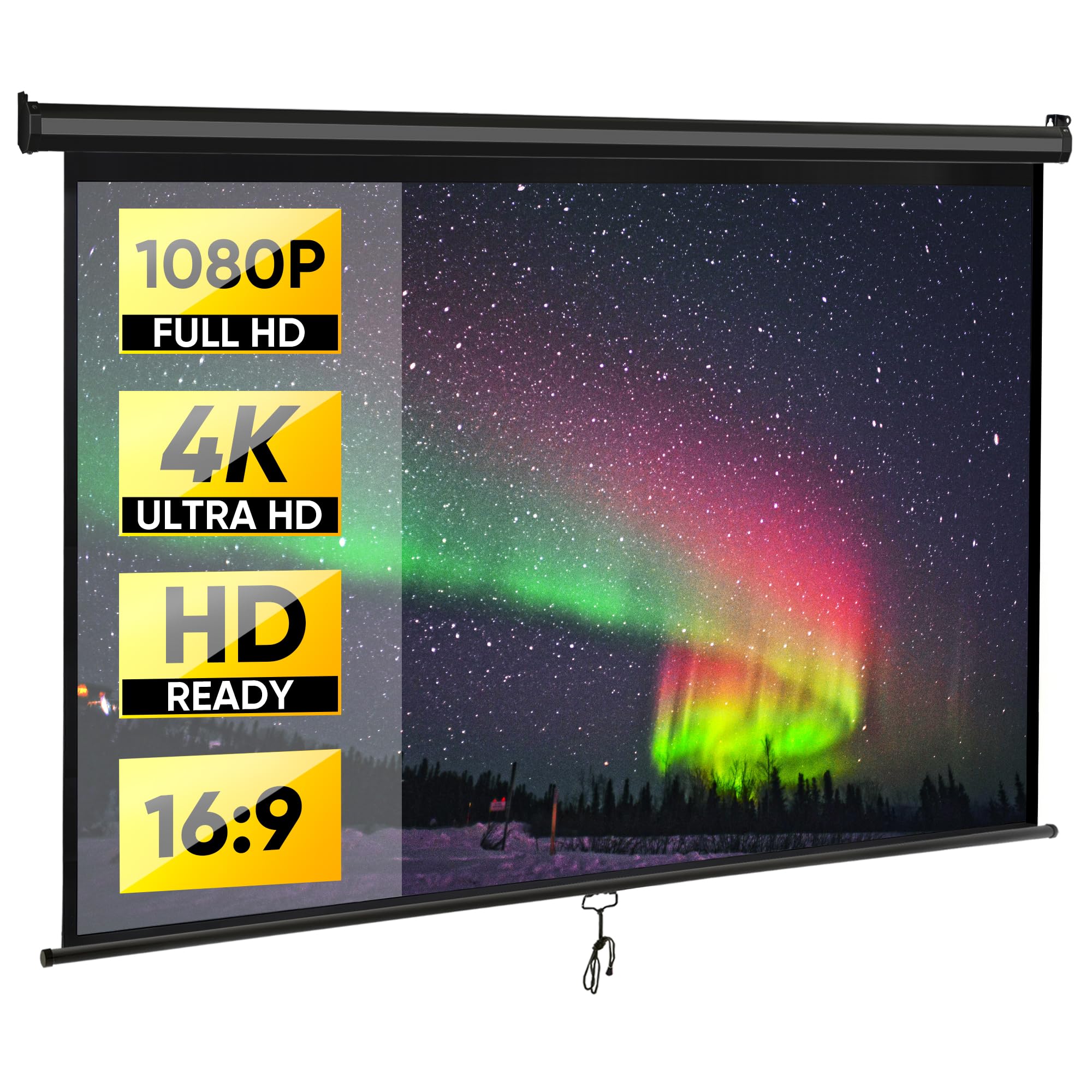 Smartxchoices 80" 16:9 HD Manual Projector Screen with Auto Lock Anti-Crease Home Theater Office Wall Mounted Ceiling Pull Down Projection 1.1 Gain