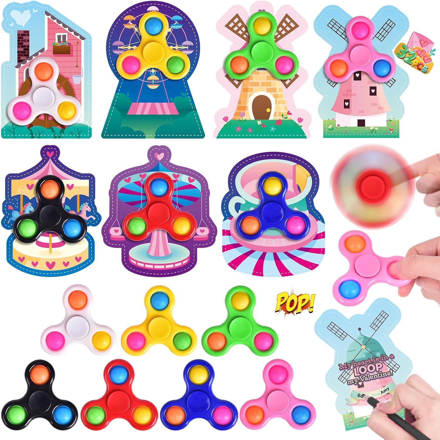 Valentine’s Day Gifts for Kids Classroom, 32 Pack Pop Fidget Spinner Toys with Cards, Fidget Valentines for Classroom Exchange, School Party Favors, Stress Relief Gifts for Boys Girls
