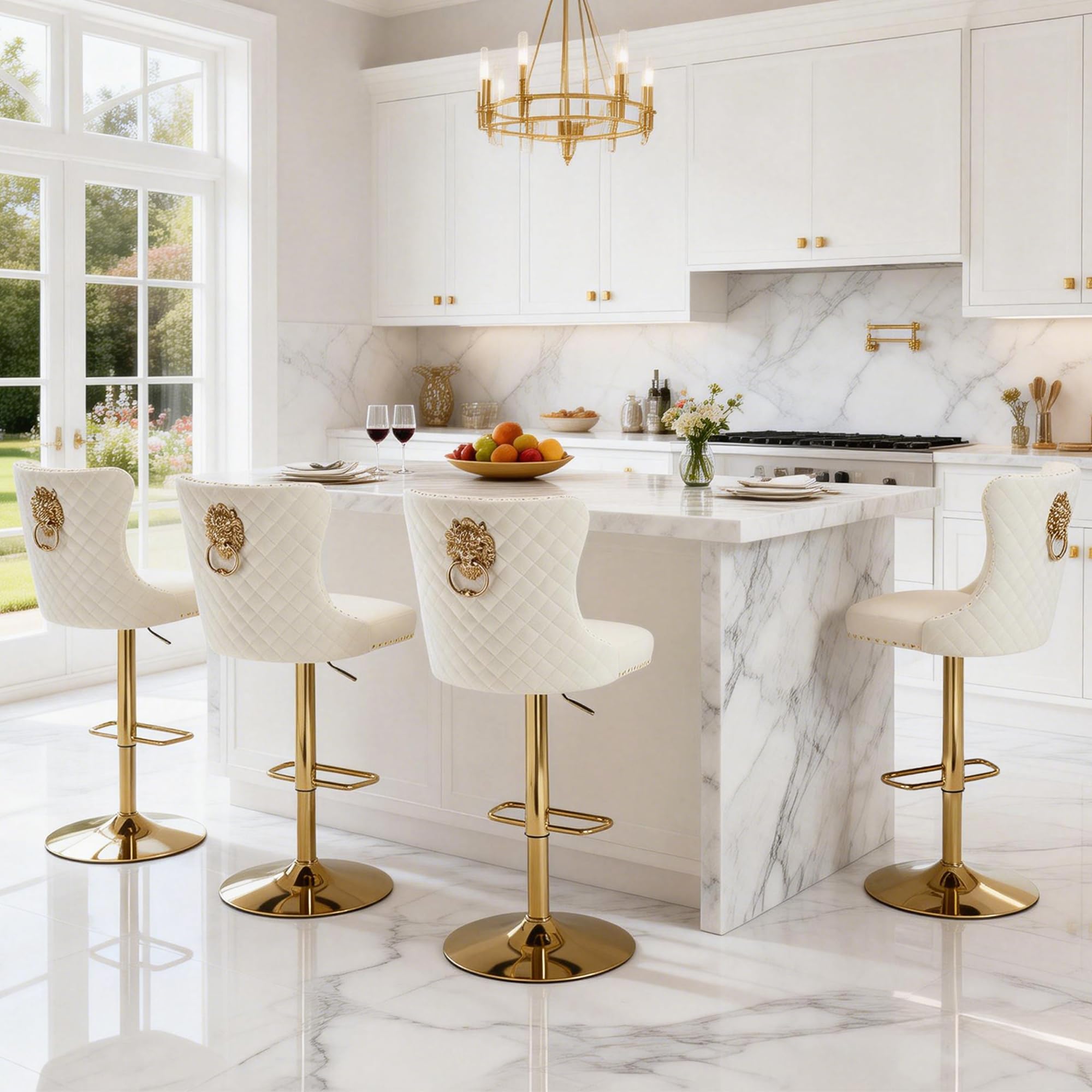 Relbiety Gold Barstools Set of 4,Velvet Swivel Bar Height Stools with Lion Pull Ring,Upholstered Counter Height Stools with High Tufted Back,Modern