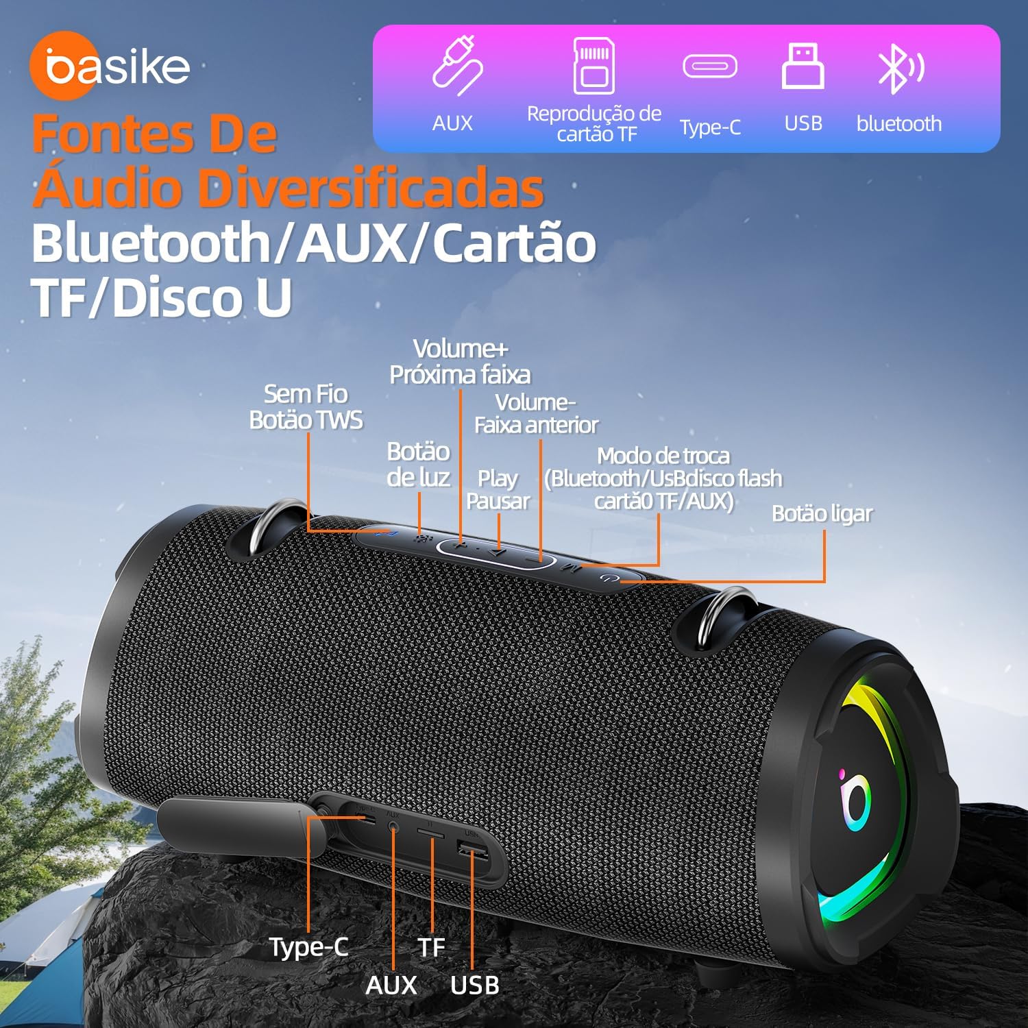 Basike Caixa de Som Bluetooth Portátil 100W RMS (Pico 160W), TWS Estéreo Hi-Fi, Bluetooth 5.3, Microfone, RGB, Modos EQ, IPX6, 12h de Bateria para Casa, Festa e Uso Externo – Preto Basike Caixa de Som Bluetooth Portátil 100W RMS (Pico 160W), TWS Estéreo Hi-Fi, Bluetooth 5.3, Microfone, RGB, Modos EQ, IPX6, 12h de Bateria para Casa, Festa e Uso Externo – Preto