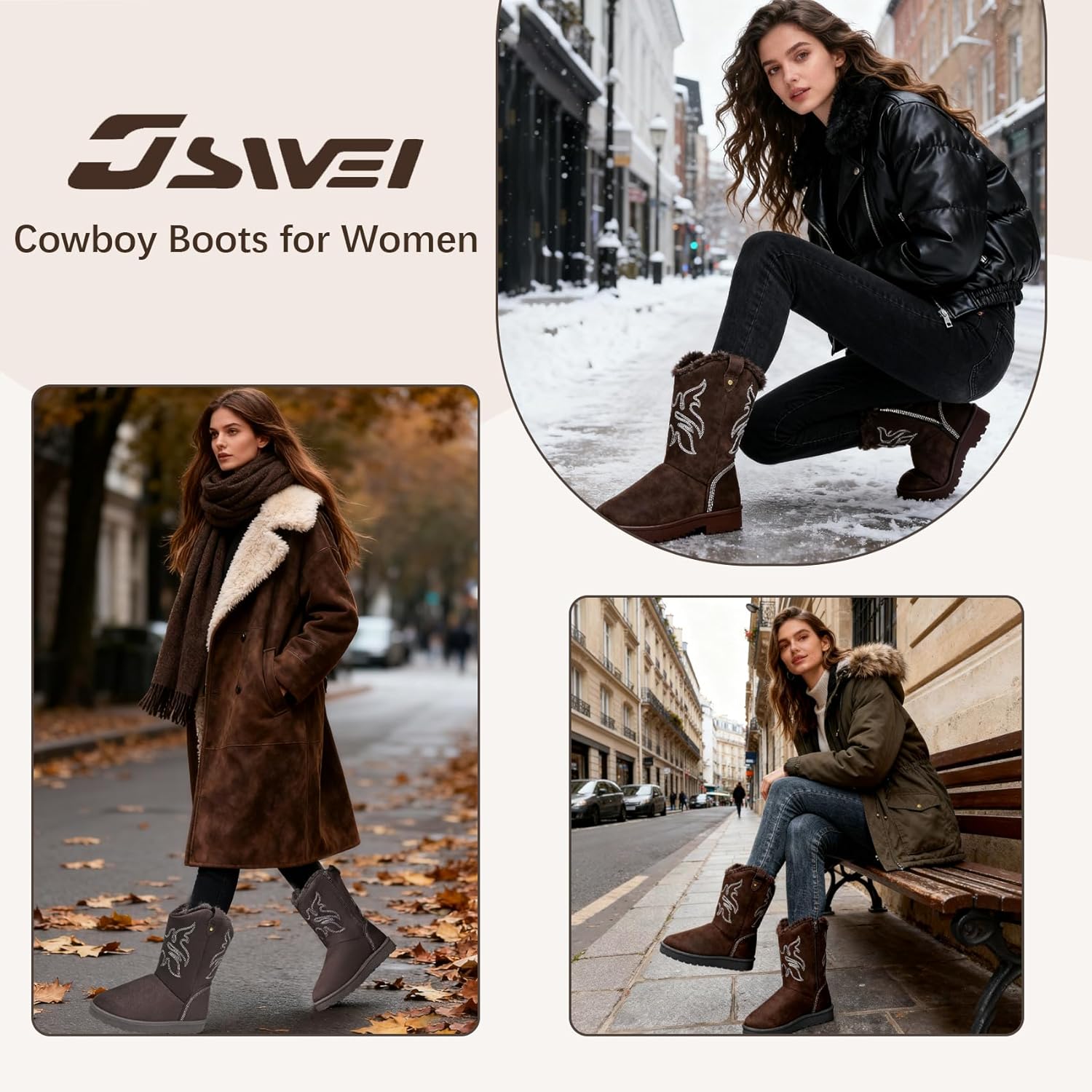 JSWEI Women's Winter Embroidery Snow Boots – Lightweight Shoes Warm Shearling Furry Lining Cozy Outdoor Fashion Ankle Cowgirl Boots