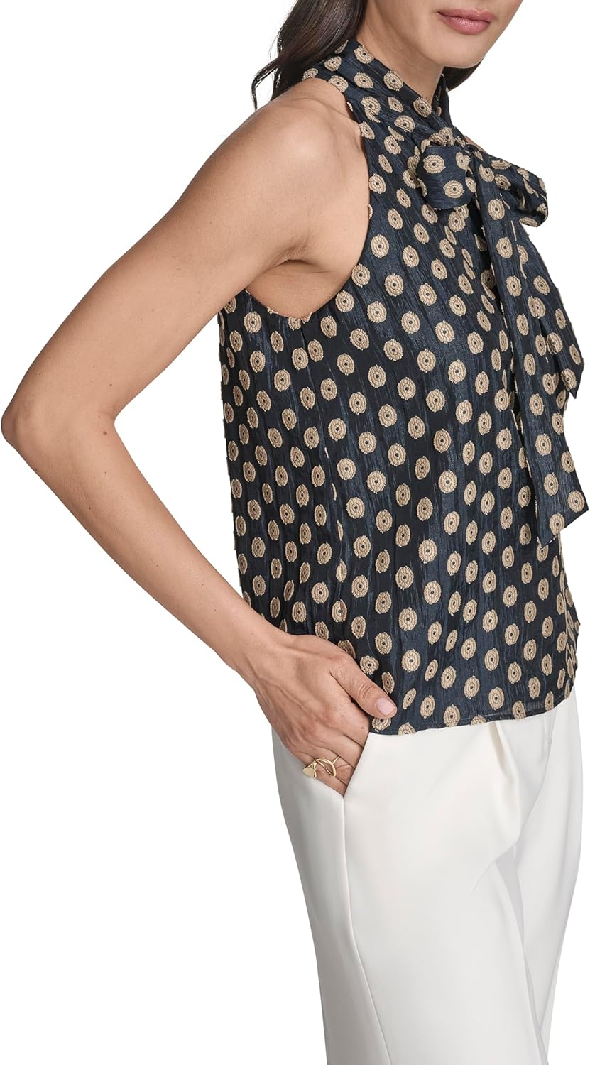BCBG Women's Sleeveless Tie Neck Printed Woven Blouse - Image 3