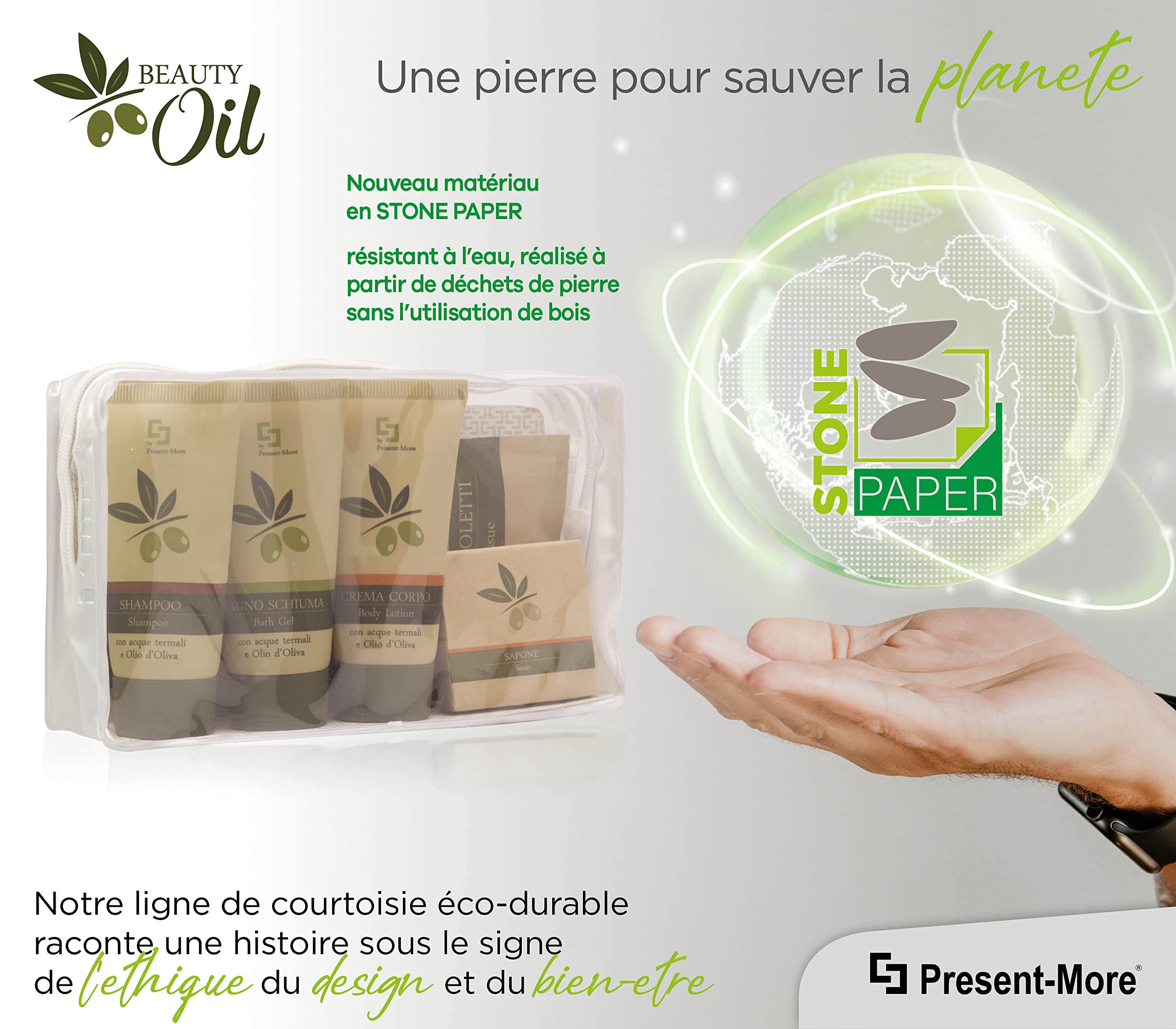 PRESENT-MORE - Kit Accueil 24 Invités Beauty Oil - Parfum Tahitian - Contenu: Shampooing, Gel Douche, Crème, Savon et Accessoires - Made in Italy - Pour Hôtels et B&B