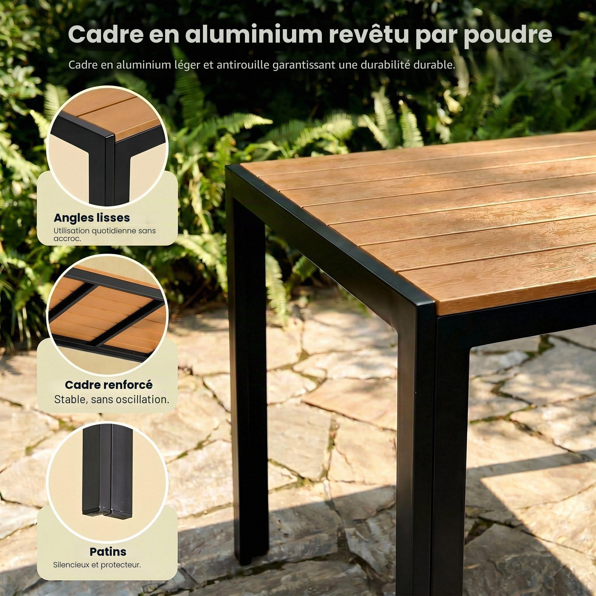 LIFERUN Table de Jardin 110x70 cm WPC pour 4-6 Personnes avec Cadre en Aluminium Brun Teck