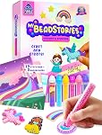 Bead Art for Kids Birthday Gift for Ages 4 5 6 7 8 9 10 Year Old, Girls Craft Set with Colorful Templates and Beads Pen, Creative Arts & Crafts Activity for Girls, Unicorn & Princess Theme Bead Crafts