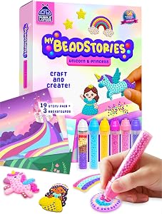 Bead Art for Kids Birthday Gift for Ages 4 5 6 7 8 9 10 Year Old, Girls Craft Set with Colorful Templates and Beads Pen, Creative Arts & Crafts Activity for Girls, Unicorn & Princess Theme Bead Crafts